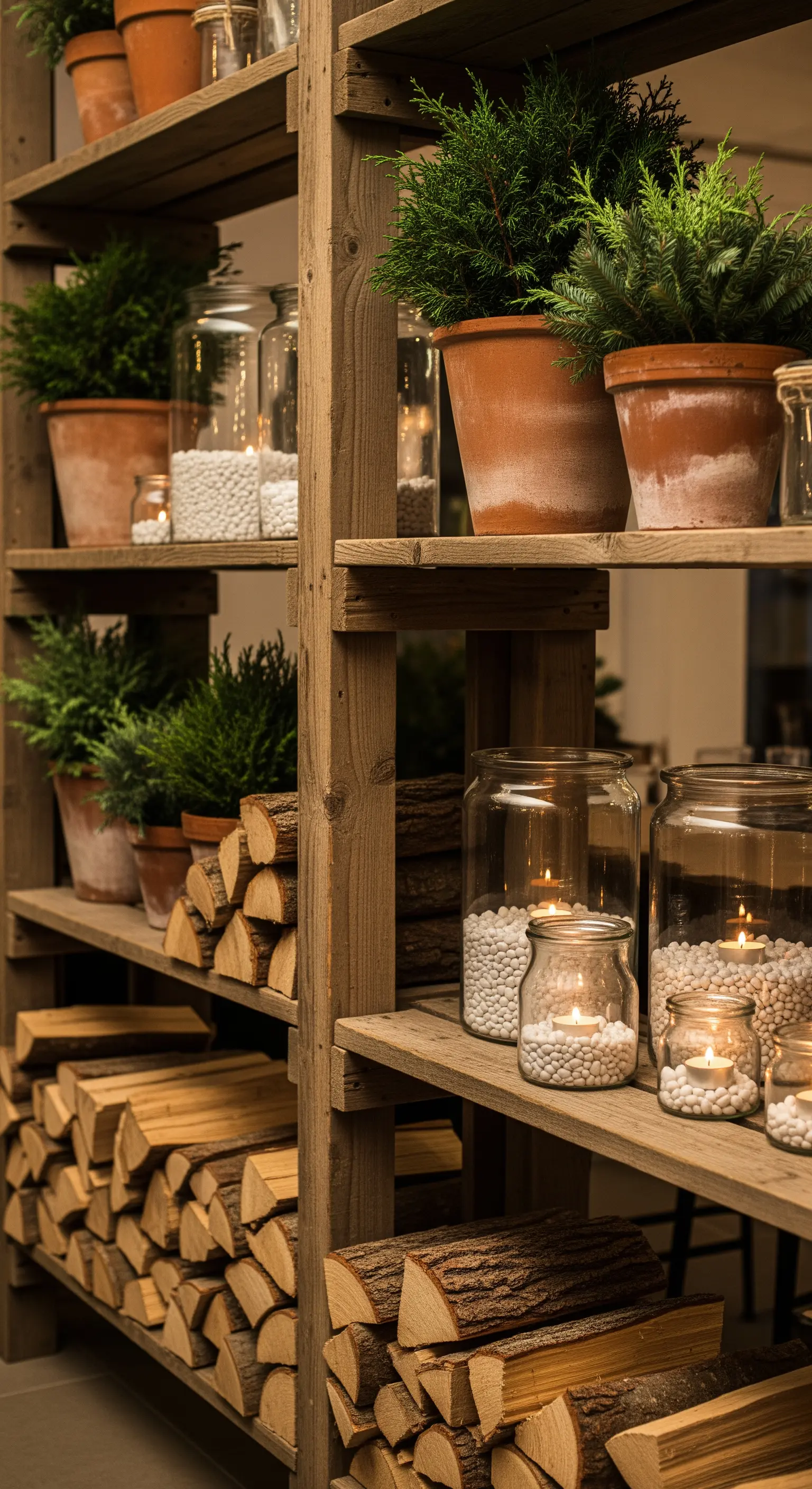Hohes Holzregal mit gestapeltem Brennholz, Topfpflanzen und Kerzen in Gläsern