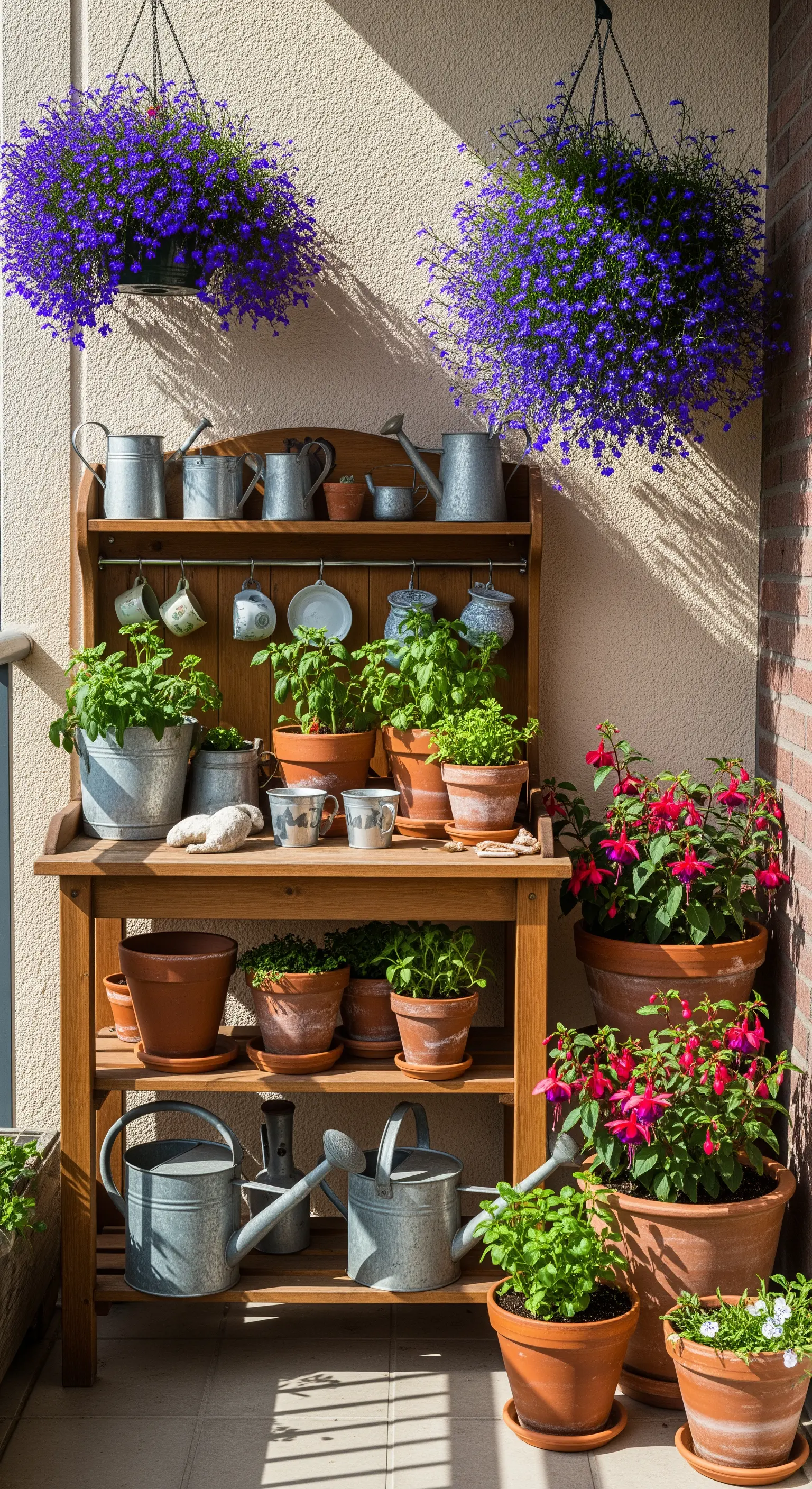 Balkon mit Holzregal voller Kräuter und Blumen in Terrakotta-Töpfen