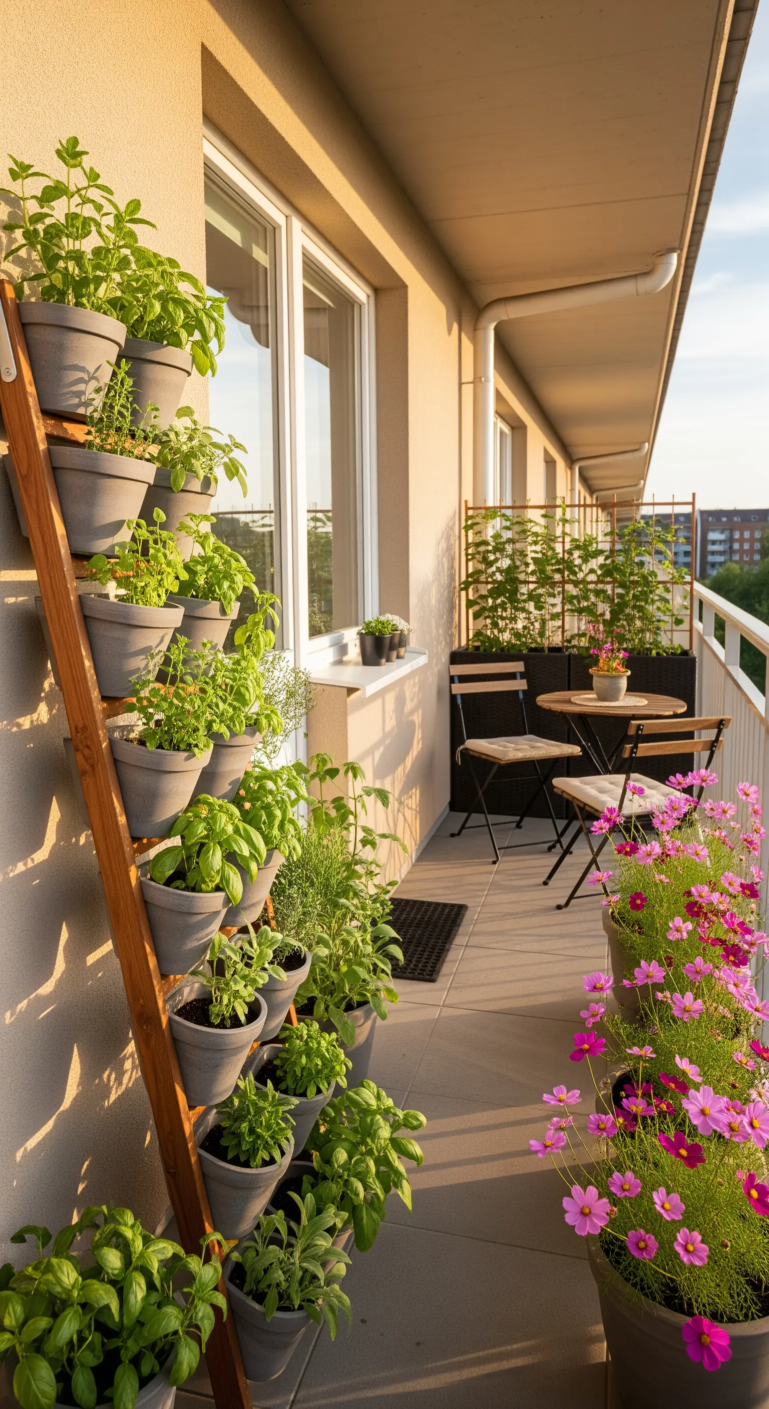 Balkon mit vertikalem Kräuterturm, Kosmeen am Geländer und Bistro-Set