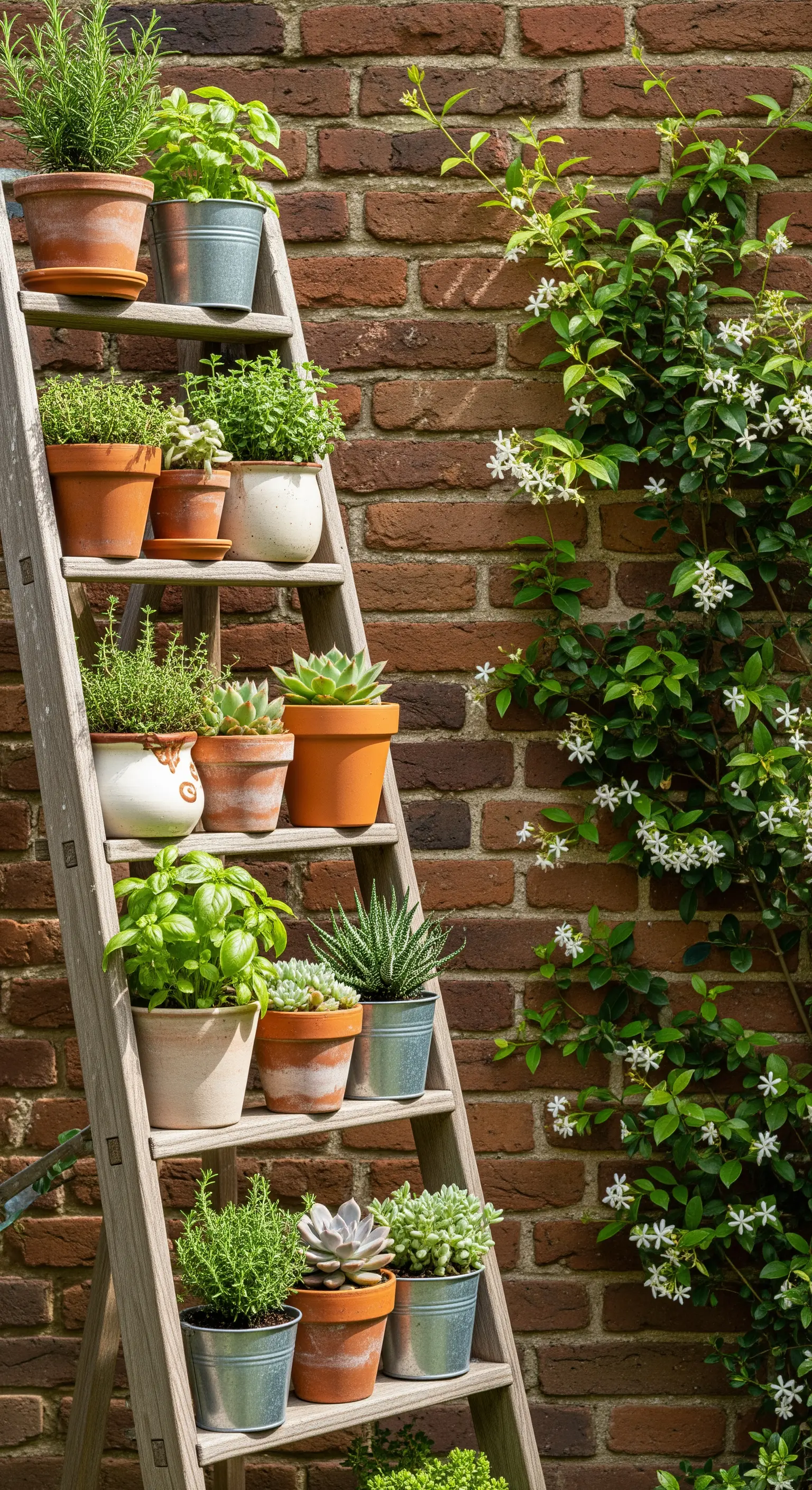 Holzleiter mit Terrakotta-Kräutertöpfen an einer Backsteinwand mit Rankpflanze