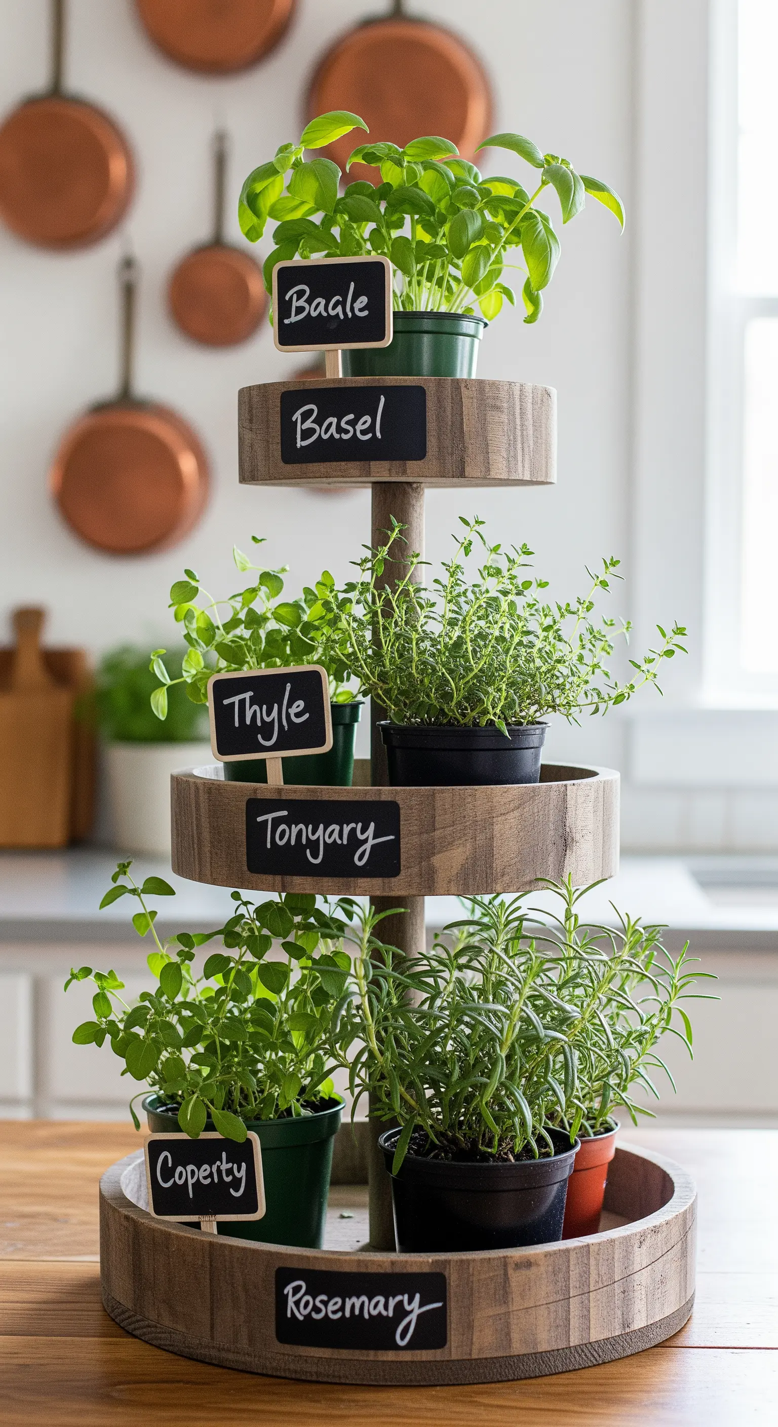 Holz-Etagere als Kräutergarten mit Basilikum, Thymian und Rosmarin in Töpfen.