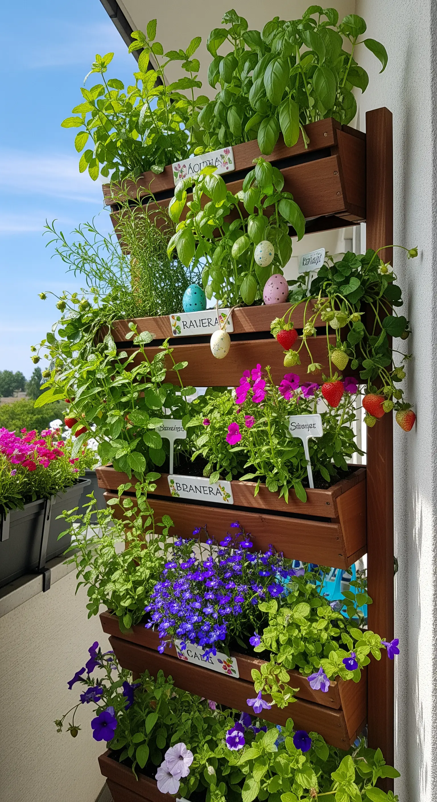 Vertikales Hochbeet auf dem Balkon mit Kräutern, Blumen und Osterdeko.