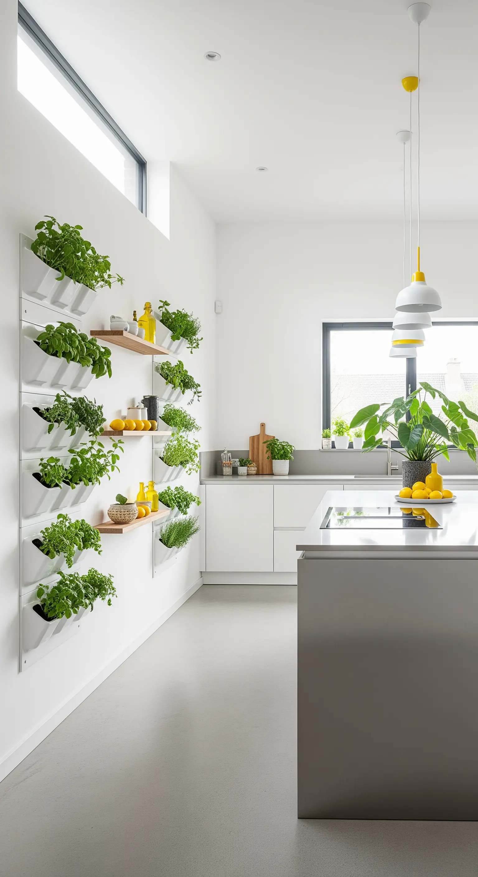 Moderne Küche mit vertikalem Kräutergarten und gelben Lichtern
