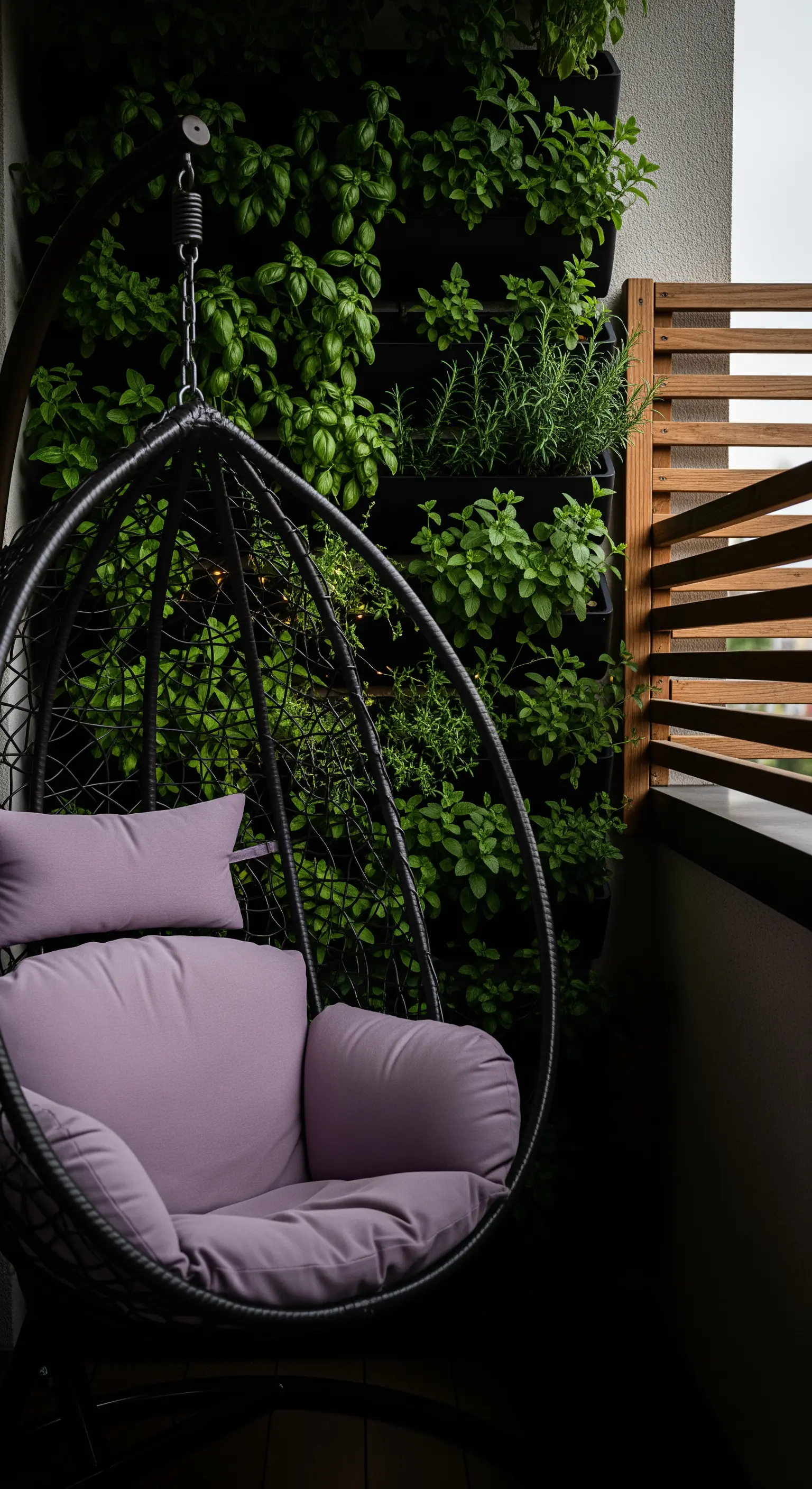 Vertikaler Kräutergarten, Hängesessel, Balkon, Grünpflanzen, Urban