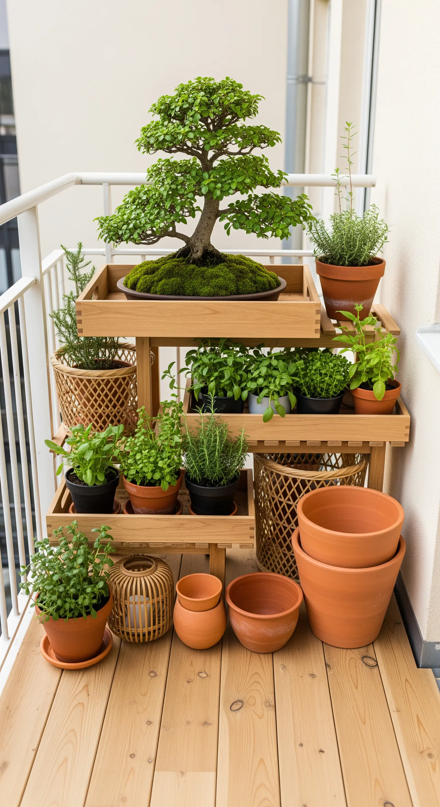 Gestufter Holzständer mit Bonsai, Kräutern und Terrakotta-Töpfen