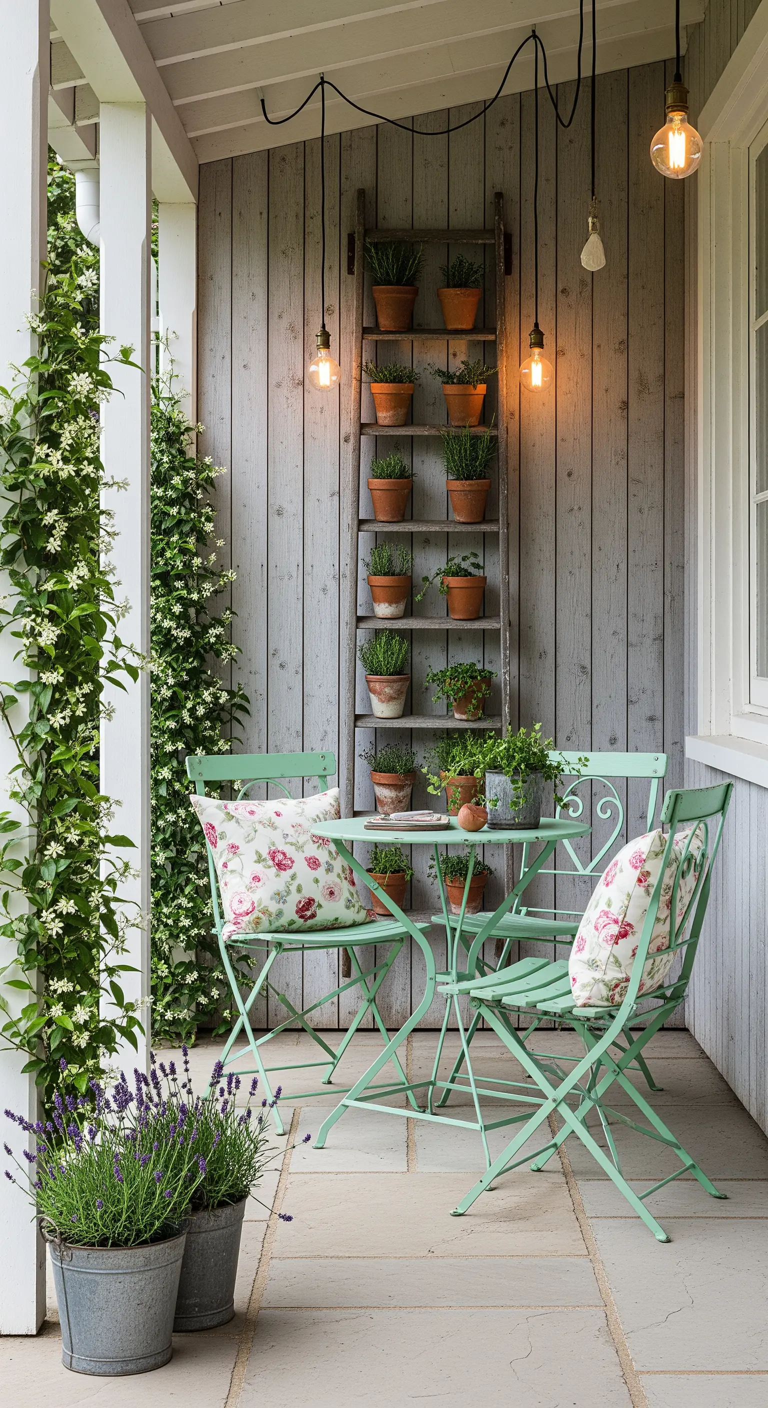 Veranda mit vertikalem Kräutergarten auf Leiter, mintgrünem Bistro-Set und Hängelampen