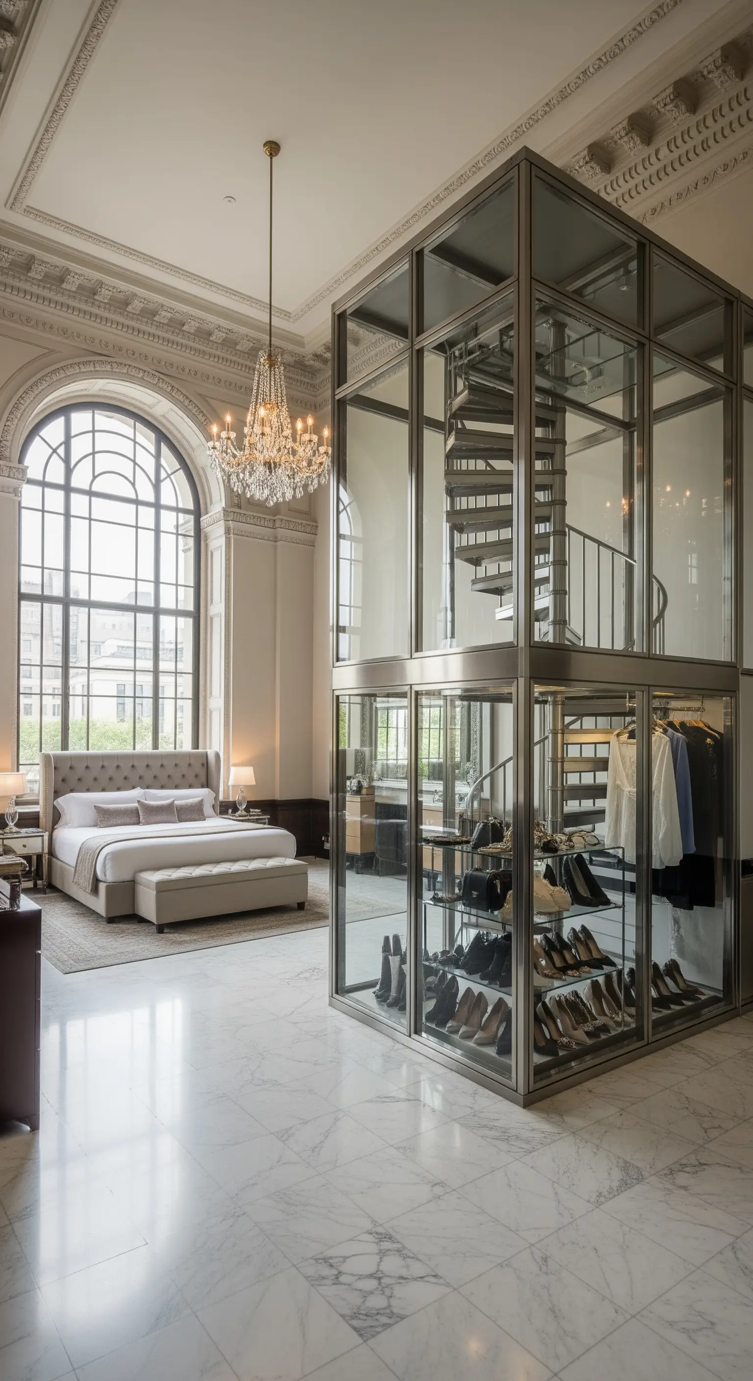 Grandioses Schlafzimmer mit einem zweistöckigen Glas-Kleiderschrank mit integrierter Wendeltreppe.