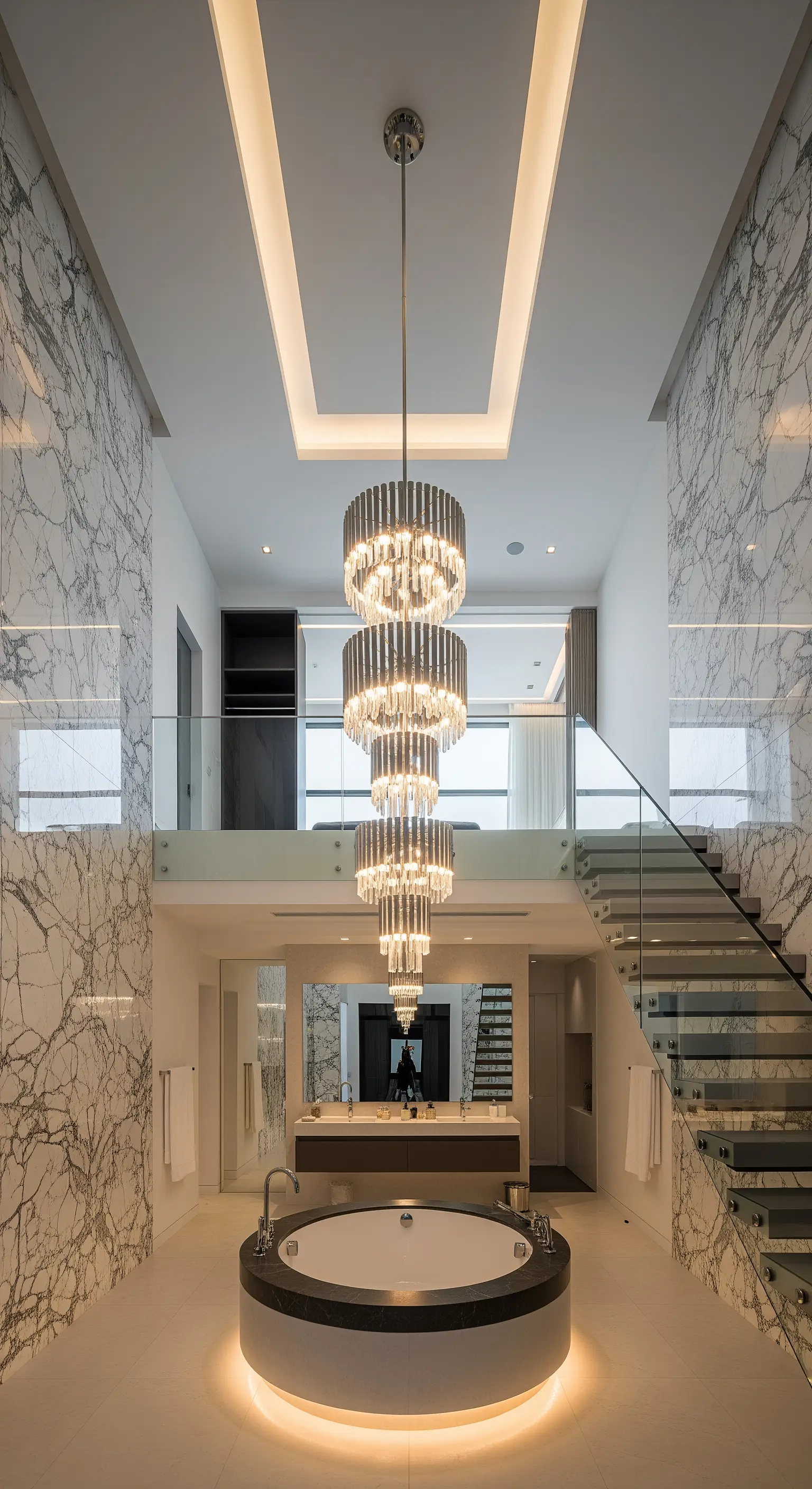 Spektakuläres, zweistöckiges Badezimmer mit einem riesigen, modernen Kristall-Kronleuchter