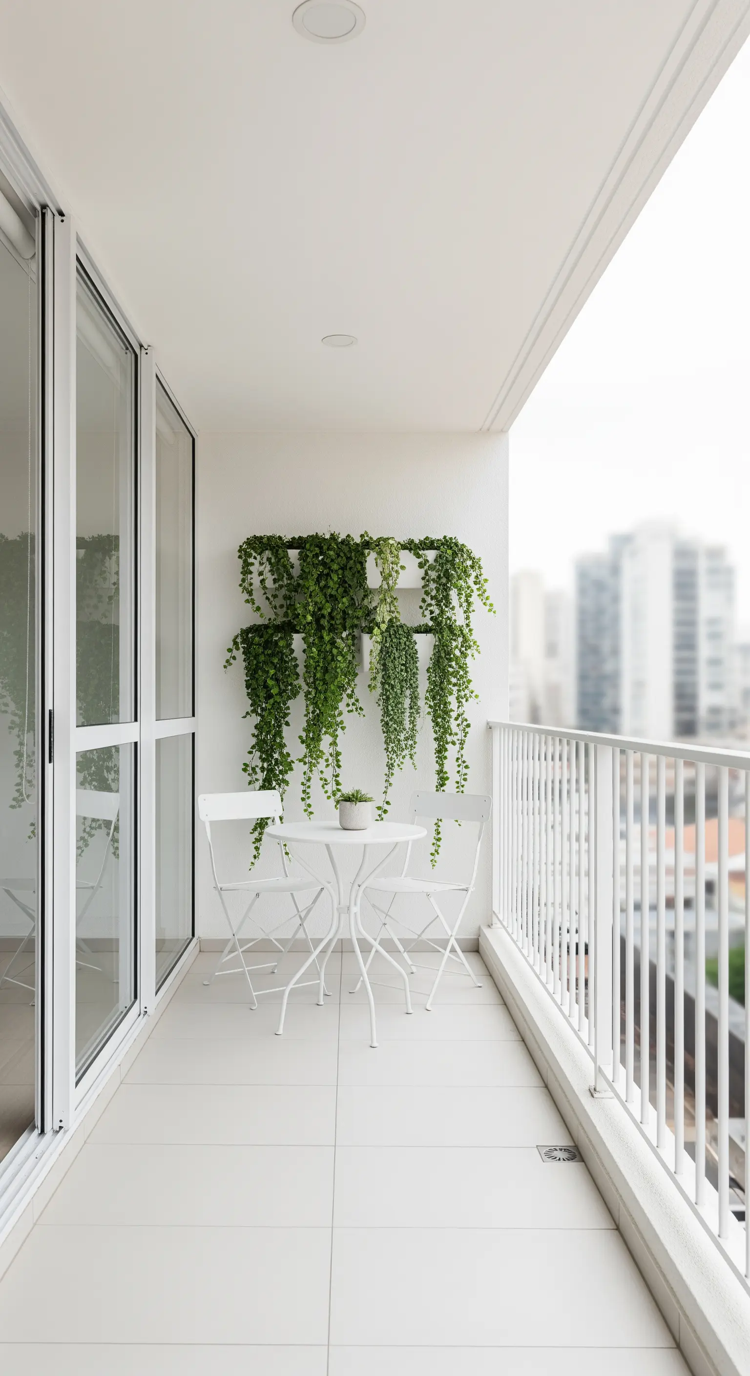 Schmaler Balkon mit Bistro-Set und Hängepflanzen