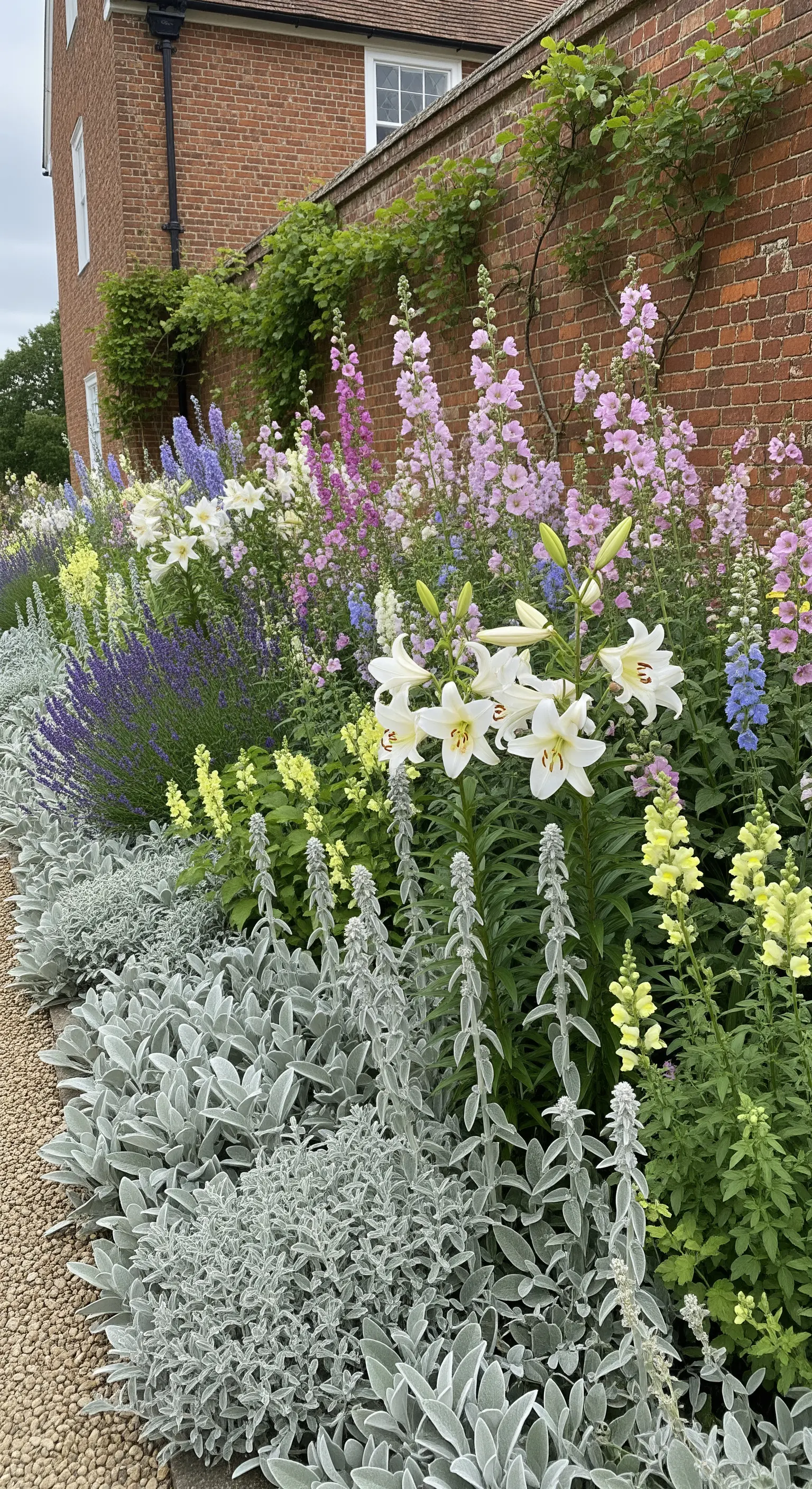 Üppiges Blumenbeet mit Lilien, Rittersporn und Wollziest vor einer Backsteinmauer