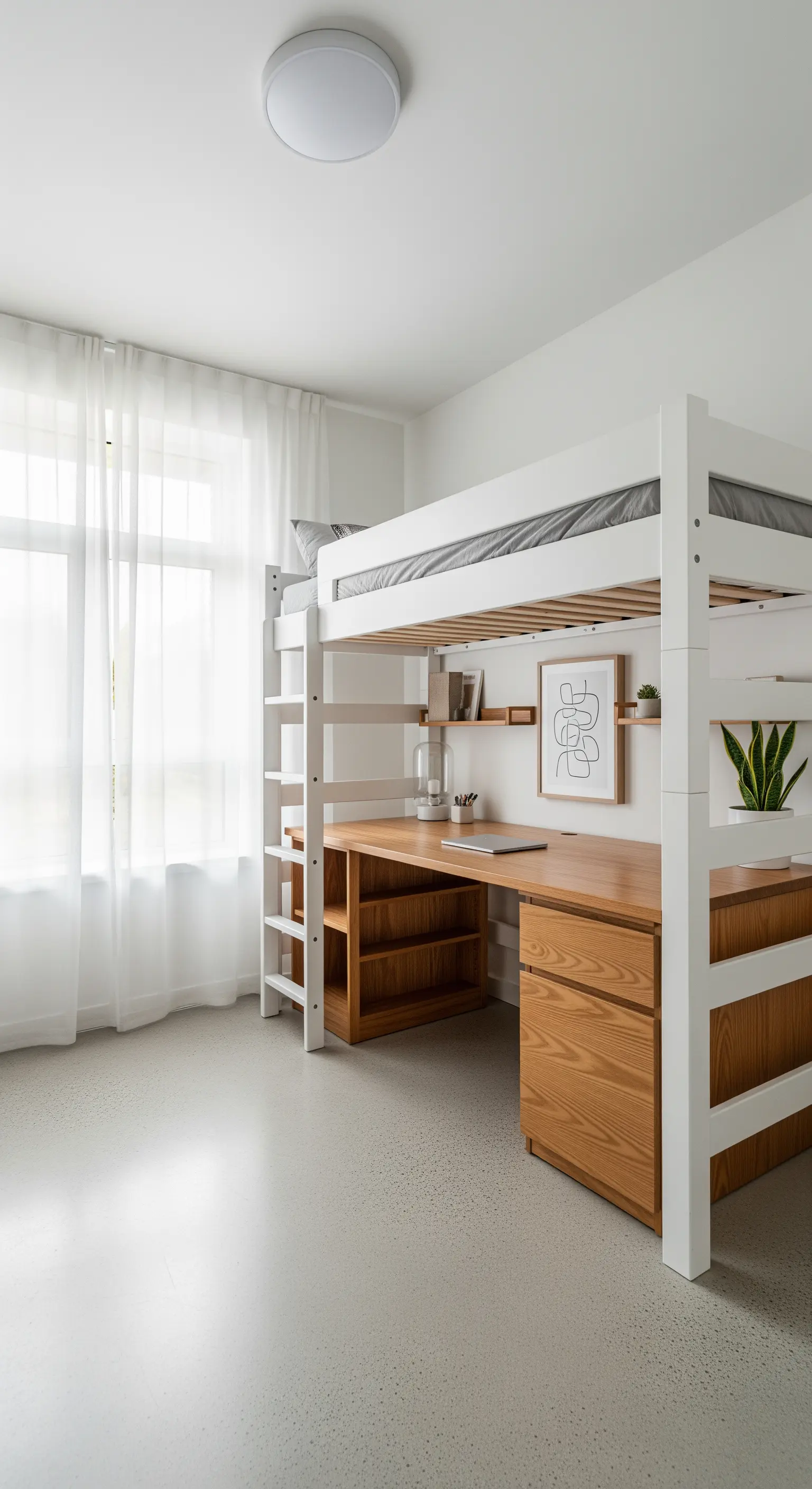 Weißes Hochbett mit integriertem Holzschreibtisch in einem hellen, minimalistischen Studentenzimmer.