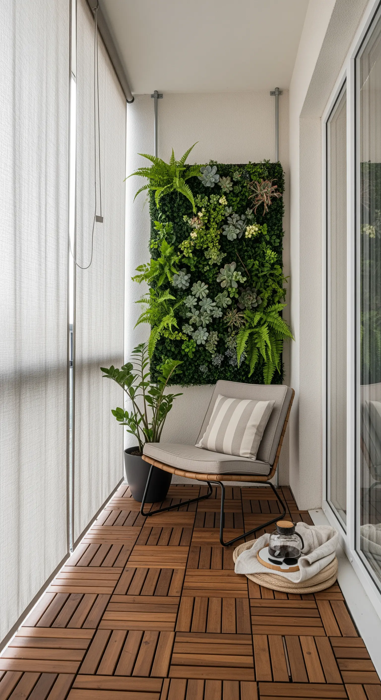 Schmaler Balkon mit Holzboden, Sessel und einer üppig bepflanzten vertikalen Wand