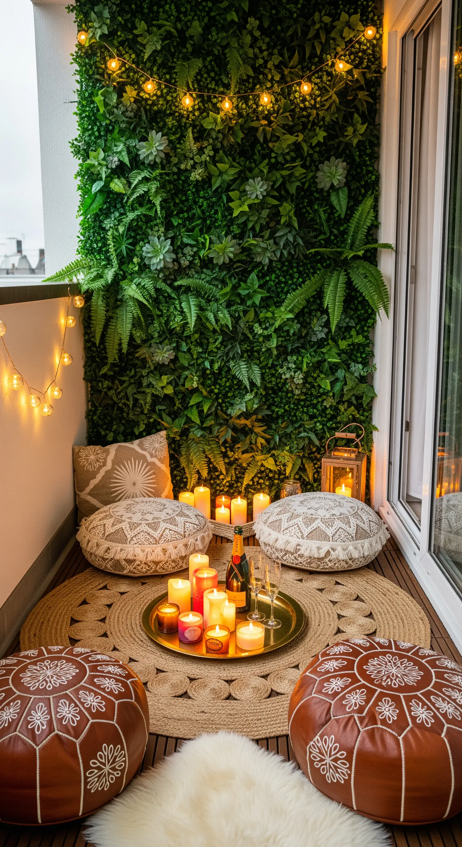 Kleine Boho-Balkonecke mit Pflanzenwand, Bodenkissen und Kerzentablett