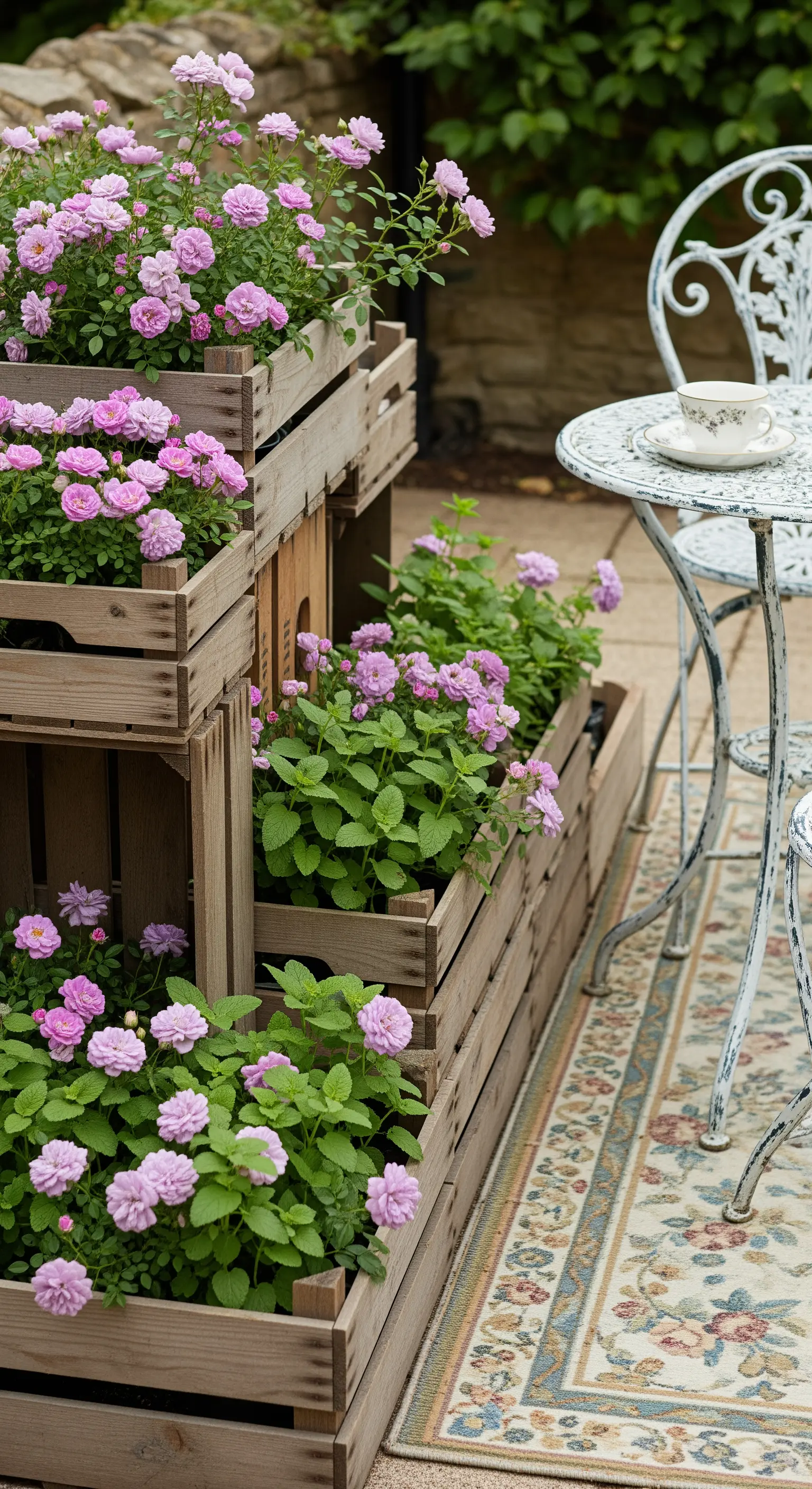 Gestapelte Holzkisten, rosa Rosen, Minze, Vintage-Garten, Balkondeko.