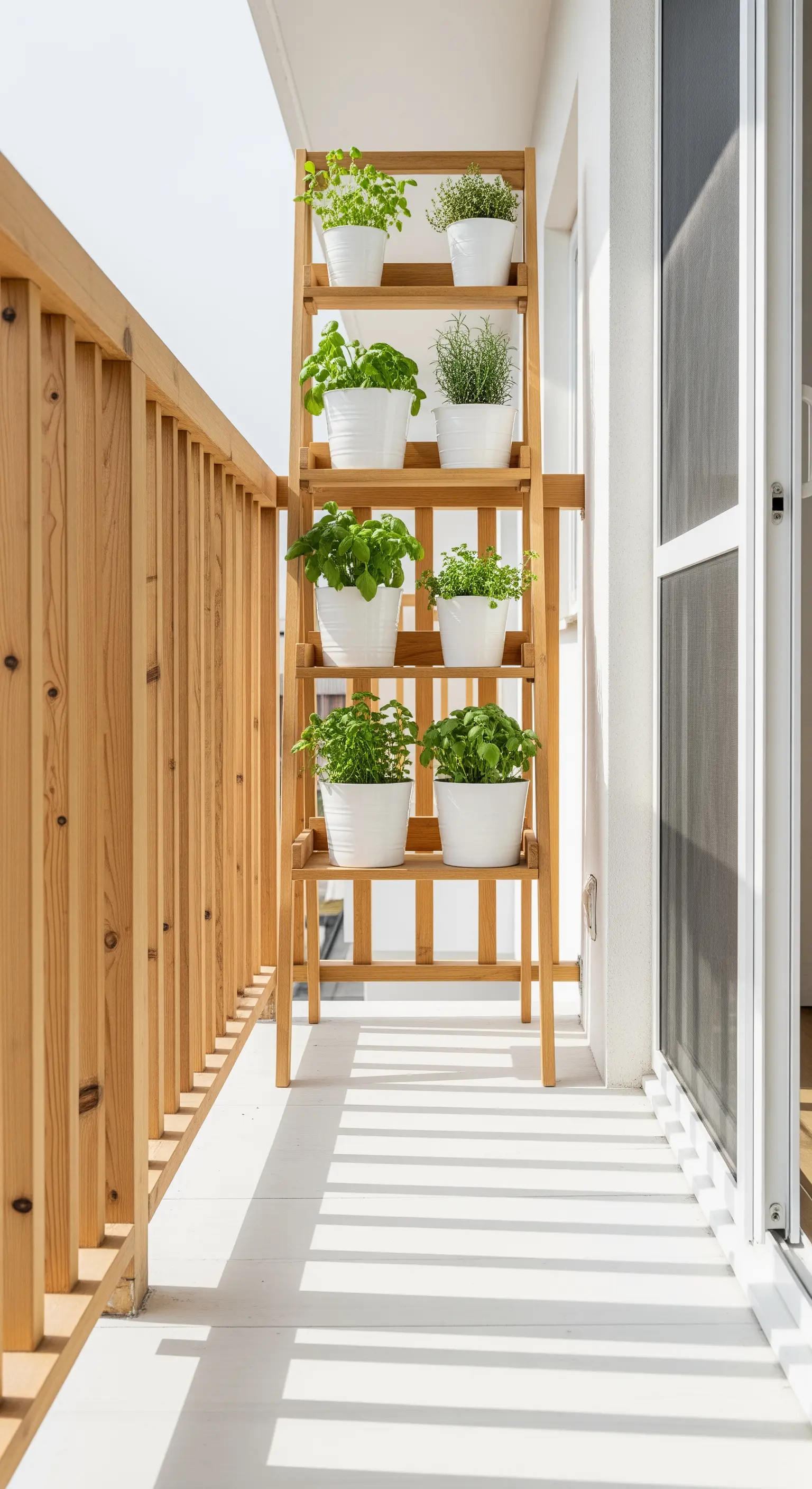 Balkon mit vertikalem Holzregal und weißen Kräutertöpfen.