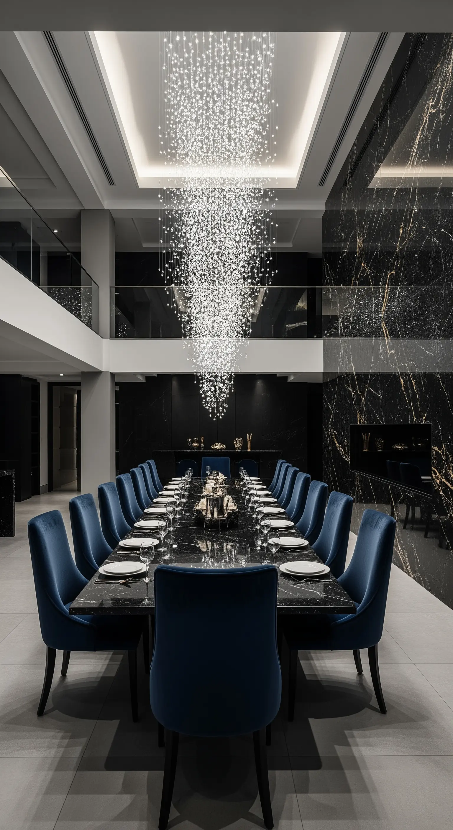 Langer Marmortisch in hohem Raum mit einem kaskadierenden Lichter-Kronleuchter.