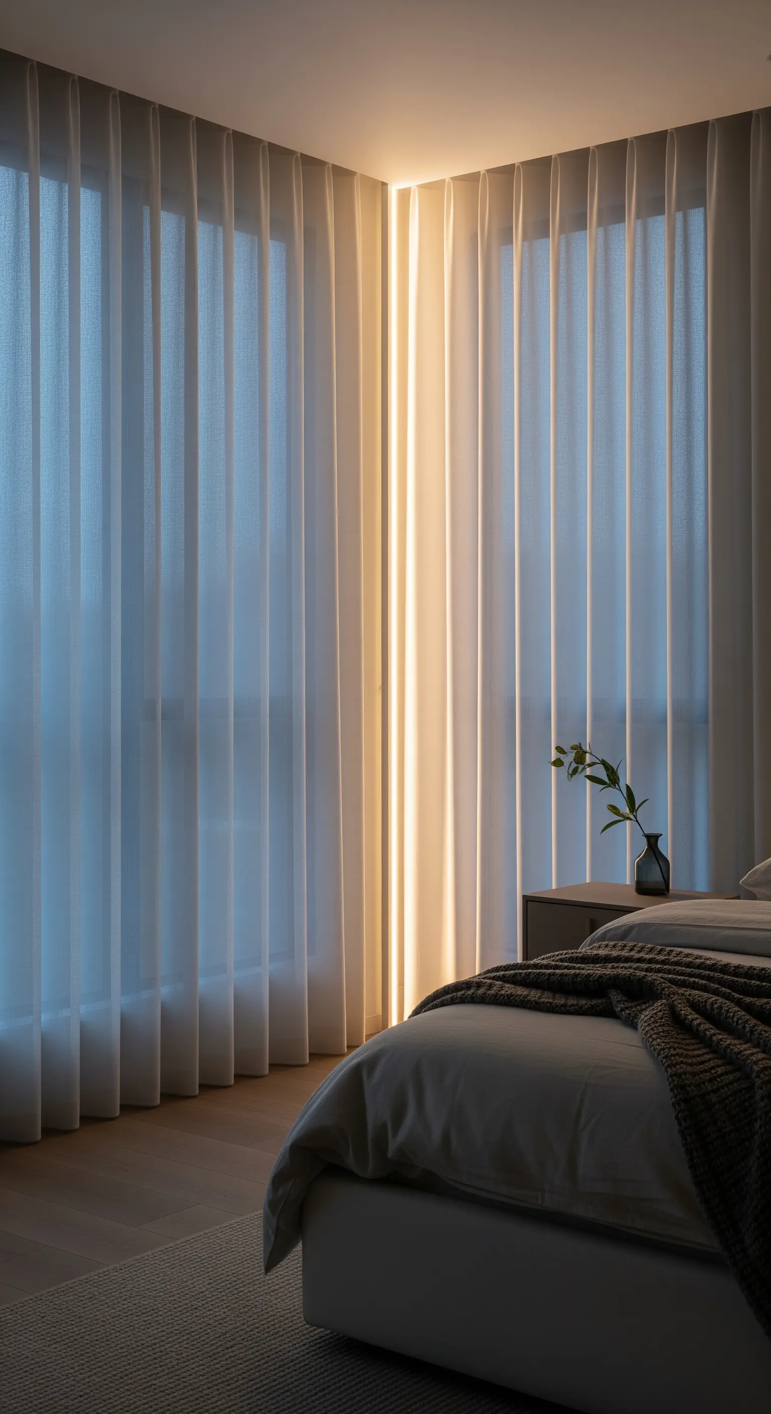 Eine vertikale Lichtleiste in einer Ecke beleuchtet bodenlange, weiße Vorhänge im Schlafzimmer.