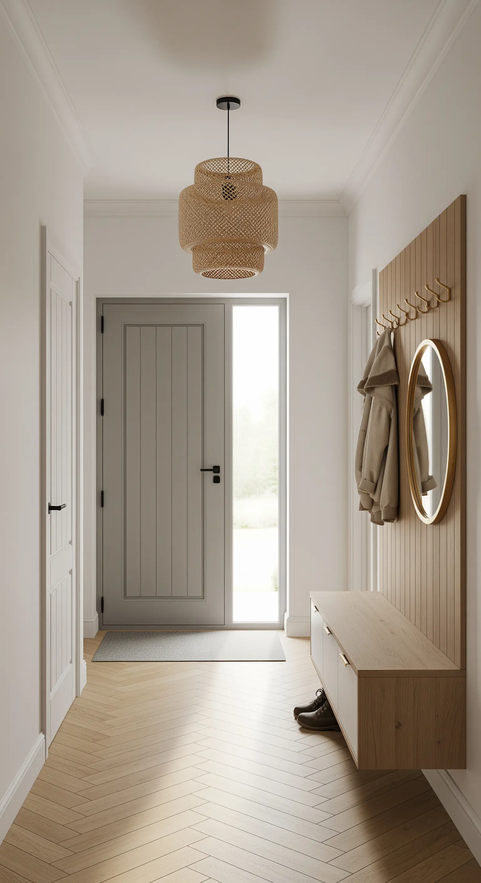 Heller Eingangsbereich mit einem schmalen, hohen Fenster neben der grauen Eingangstür.