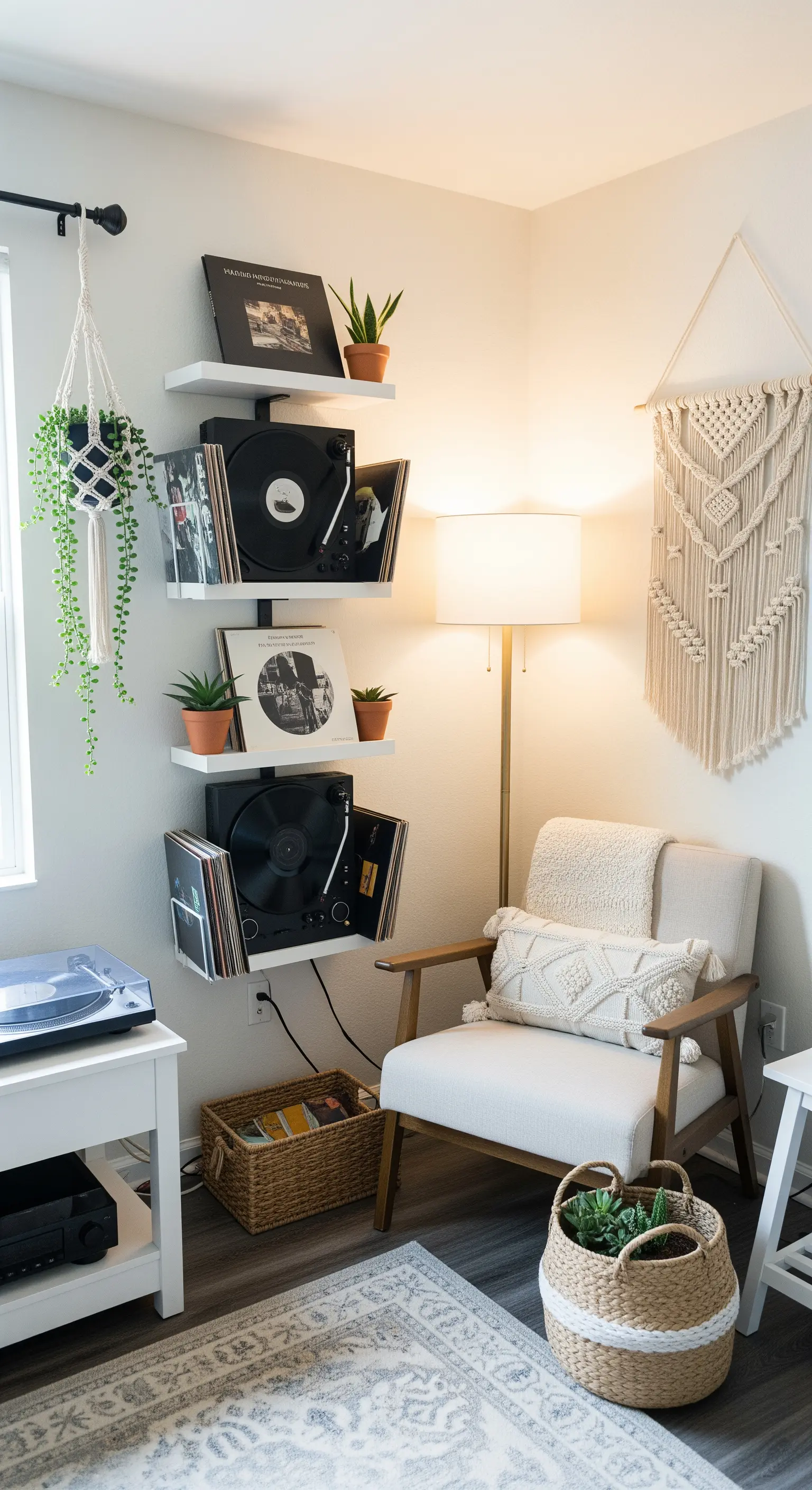 Kompakte Musikecke mit zwei übereinander angeordneten Plattenspielern in weißen Regalen