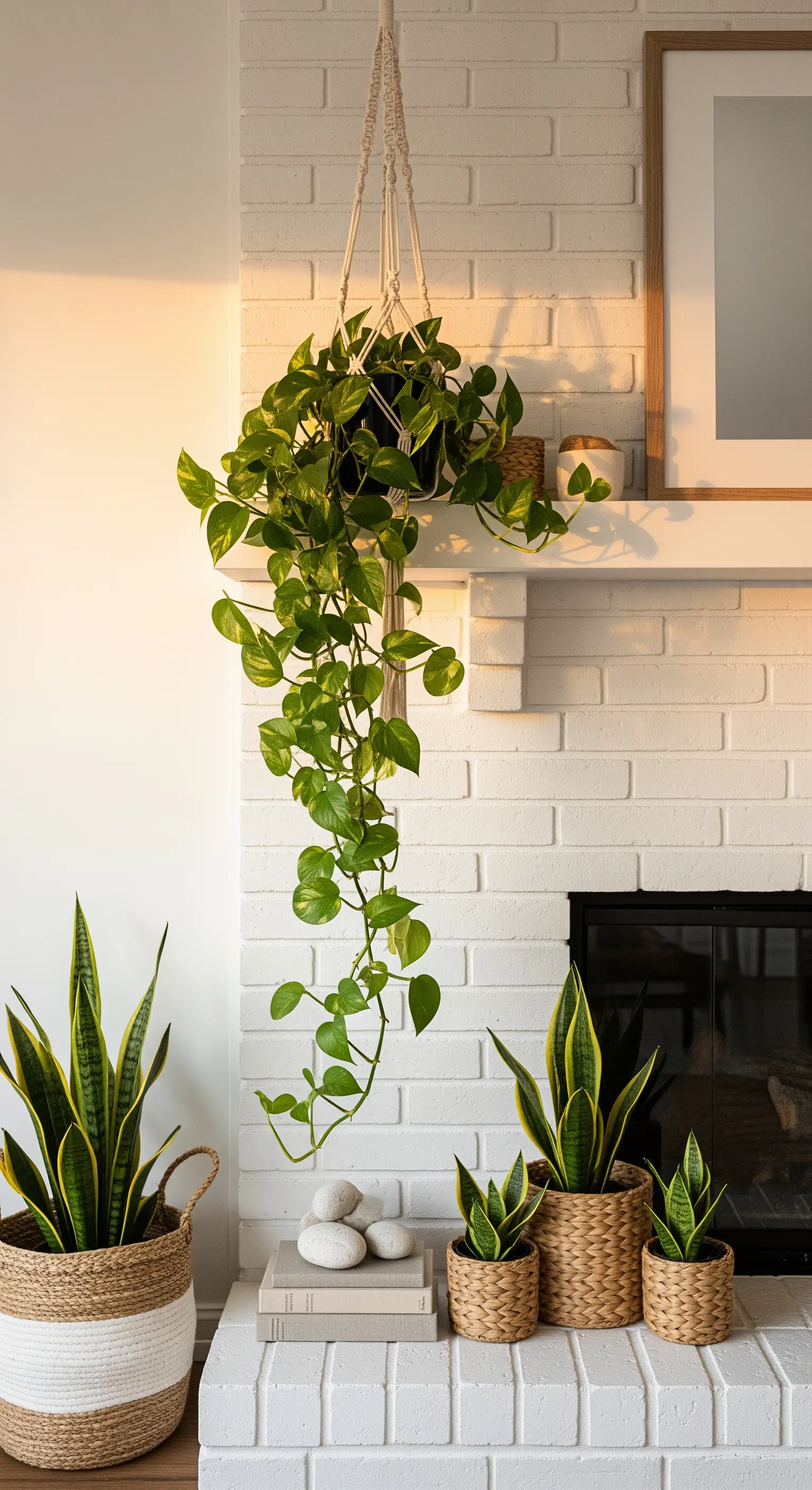 Boho-Kamin mit einer Makramee-Hängepflanze und Bogenhanf in geflochtenen Körben