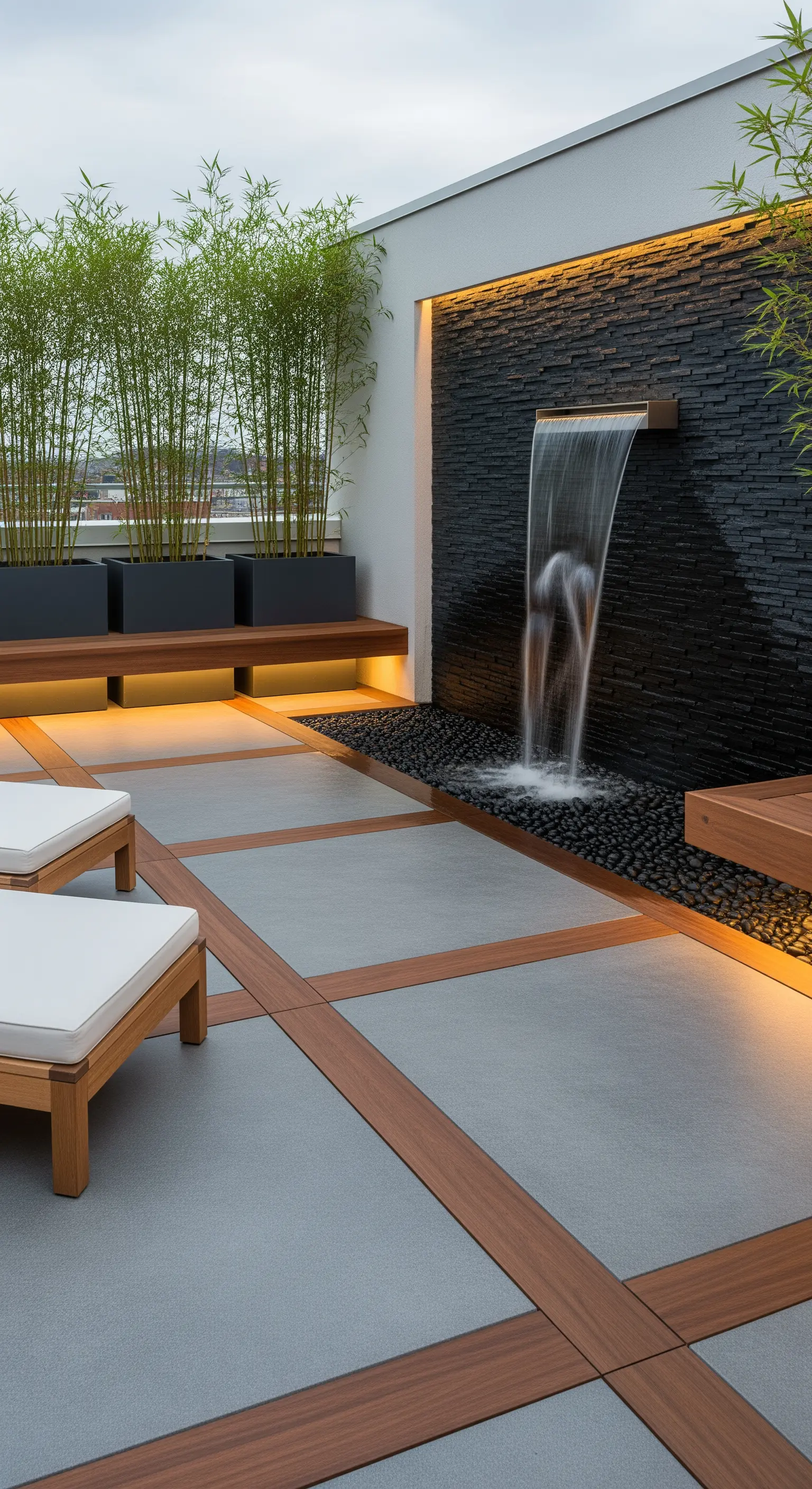 Moderne Dachterrasse mit beleuchtetem Wasserfall an einer dunklen Schieferwand und Bambuspflanzen.