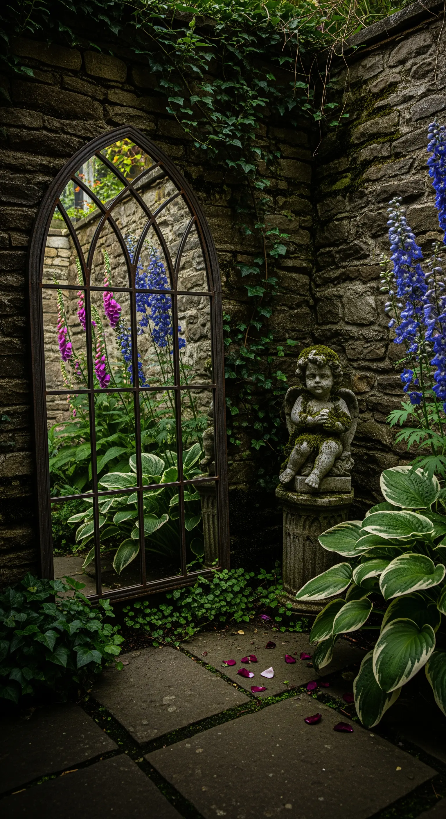 Steingarten mit gotischem Wandspiegel, Engelstatue und Pflanzen