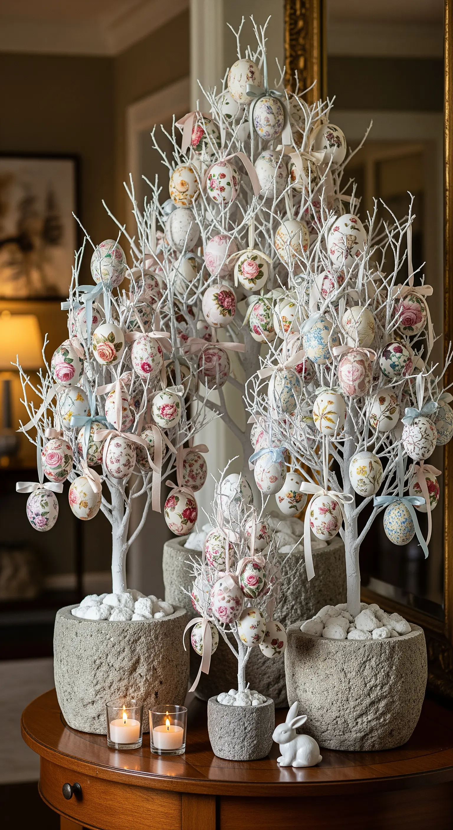 Weiße Osterbäume mit floralen Decoupage-Eiern, Kerzen und Hasenfiguren