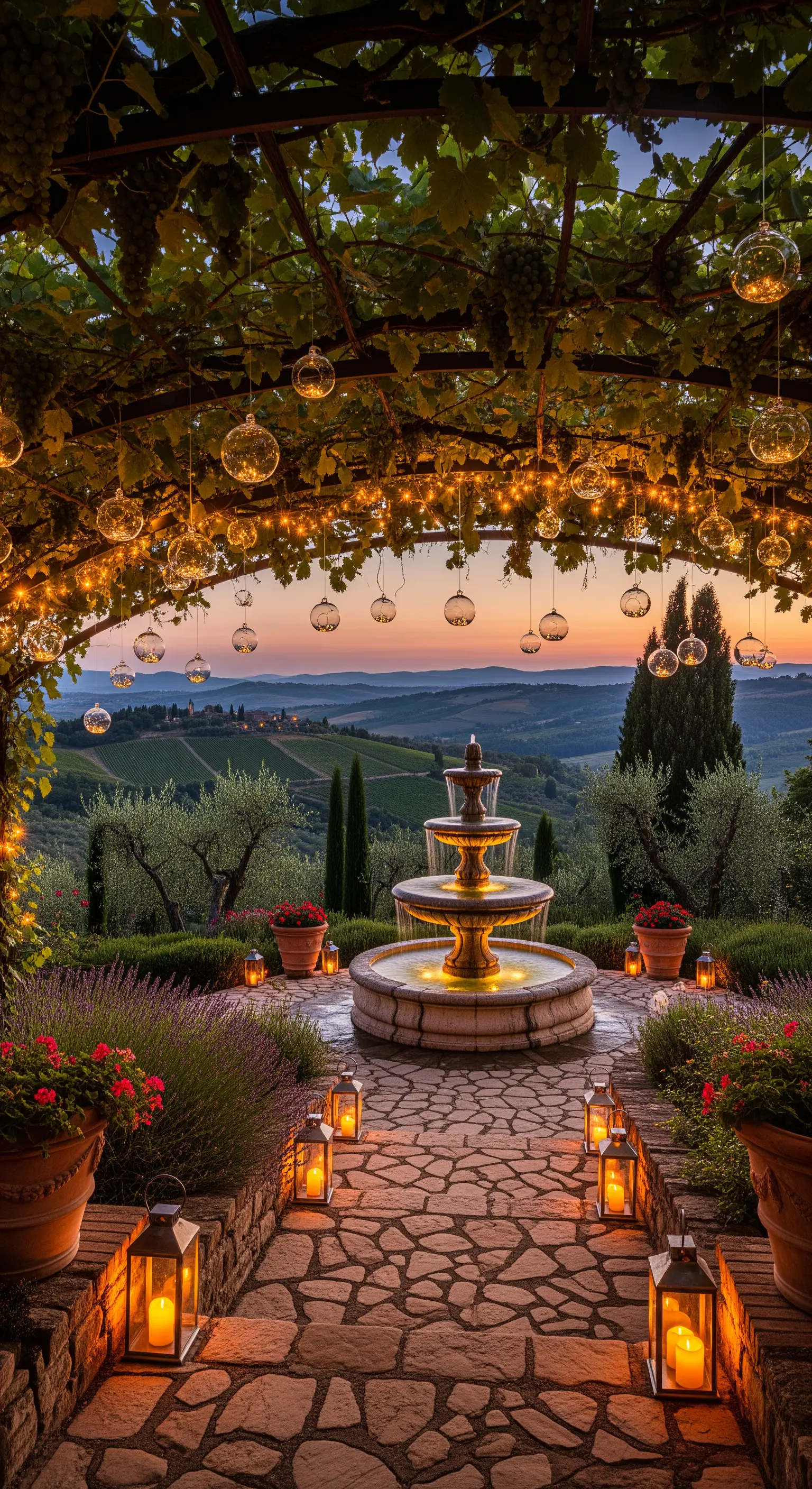 Pergola mit hängenden Glasbaubles, Brunnen, Laternen und Weinbergblick bei Sonnenuntergang