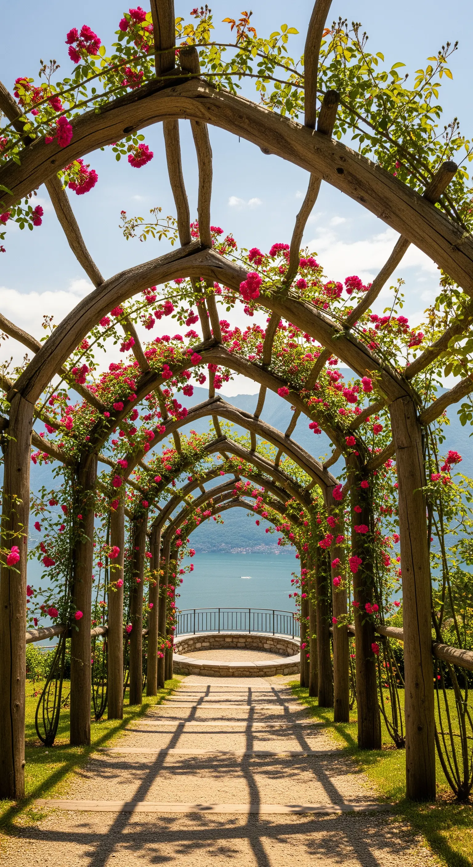 Pergola, üppig mit rosa Rosen bewachsen, mit Blick auf einen See