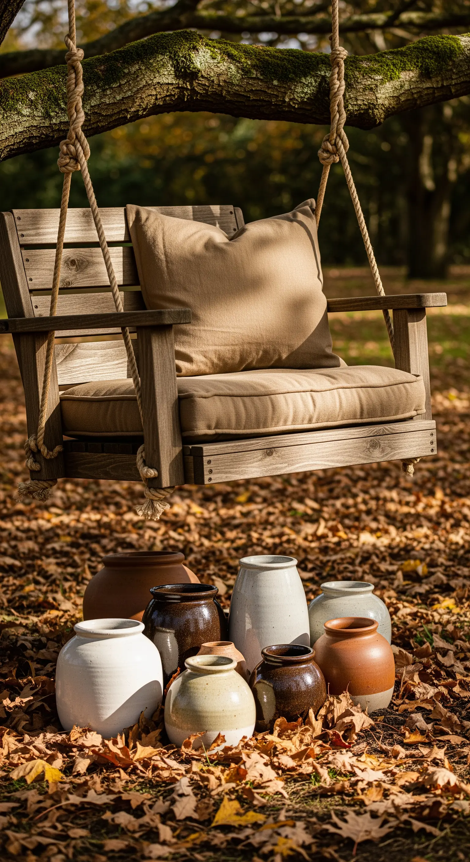 Holzschaukel im Herbstlaub mit Keramik-Vasen-Arrangement