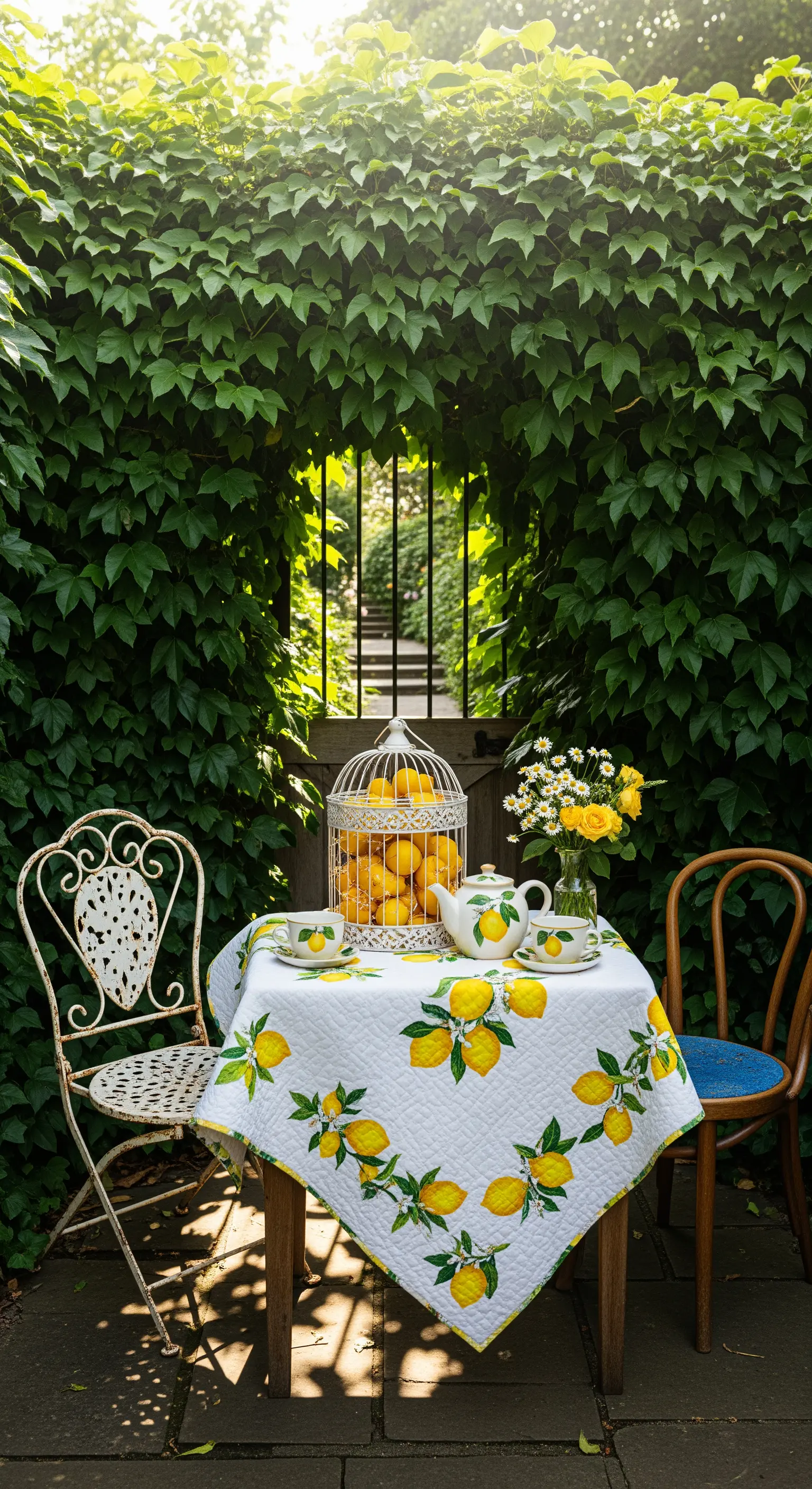 Gartentisch mit Zitronenmuster-Tischdecke und Vogelkäfig voller Zitronen