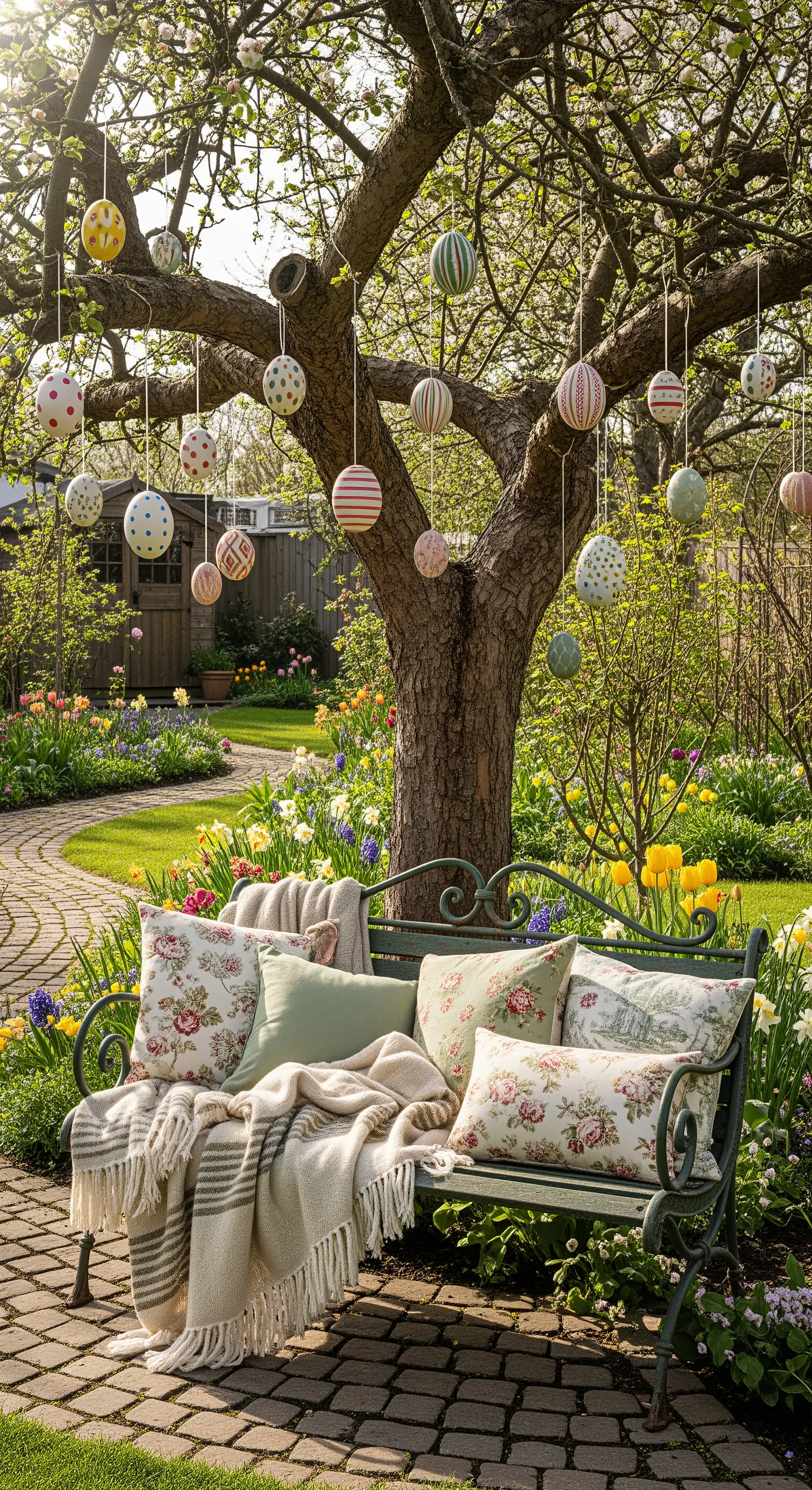 Gartenbank unter Baum mit hängenden, gemusterten Ostereiern und Frühlingsblumen