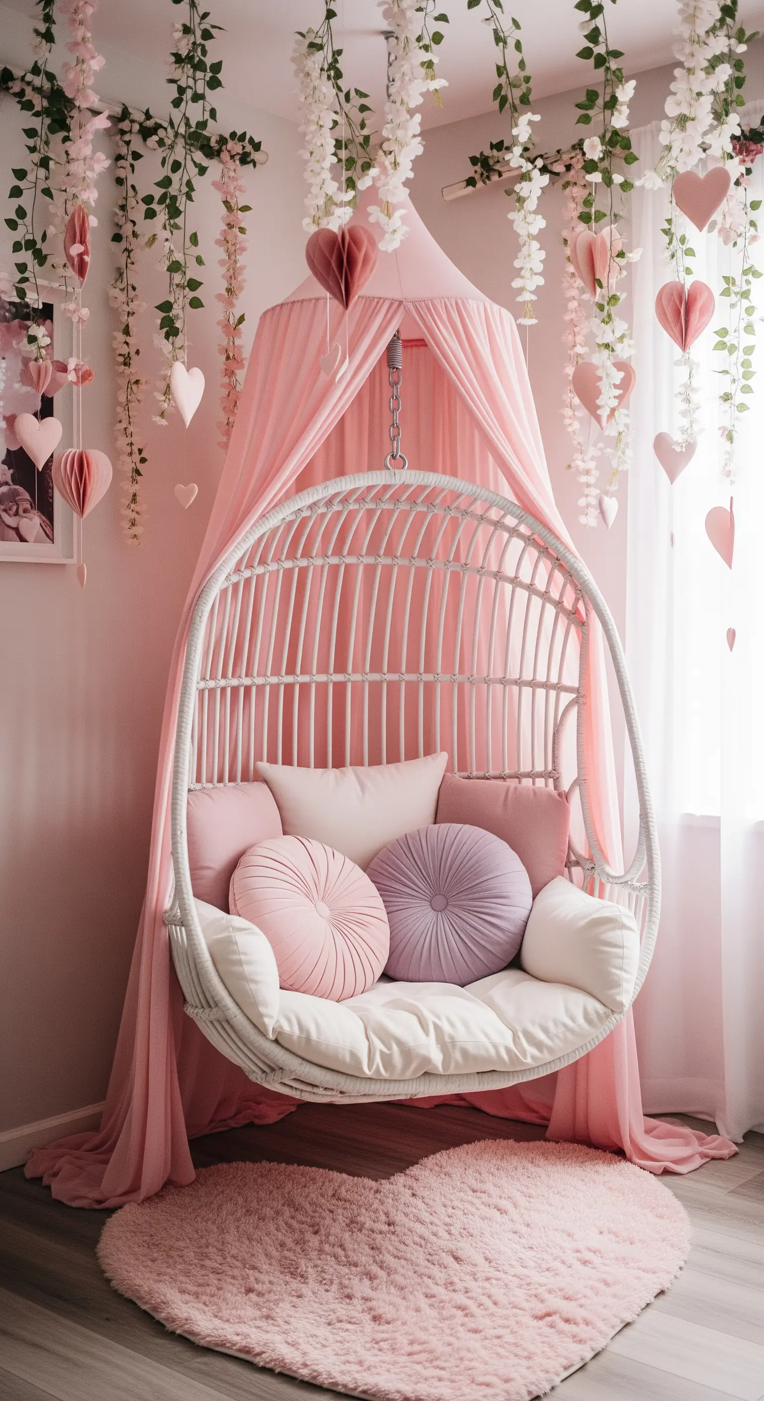 Weißer Hängesessel unter einem rosa Baldachin, dekoriert mit hängenden Blumen und Herzen.