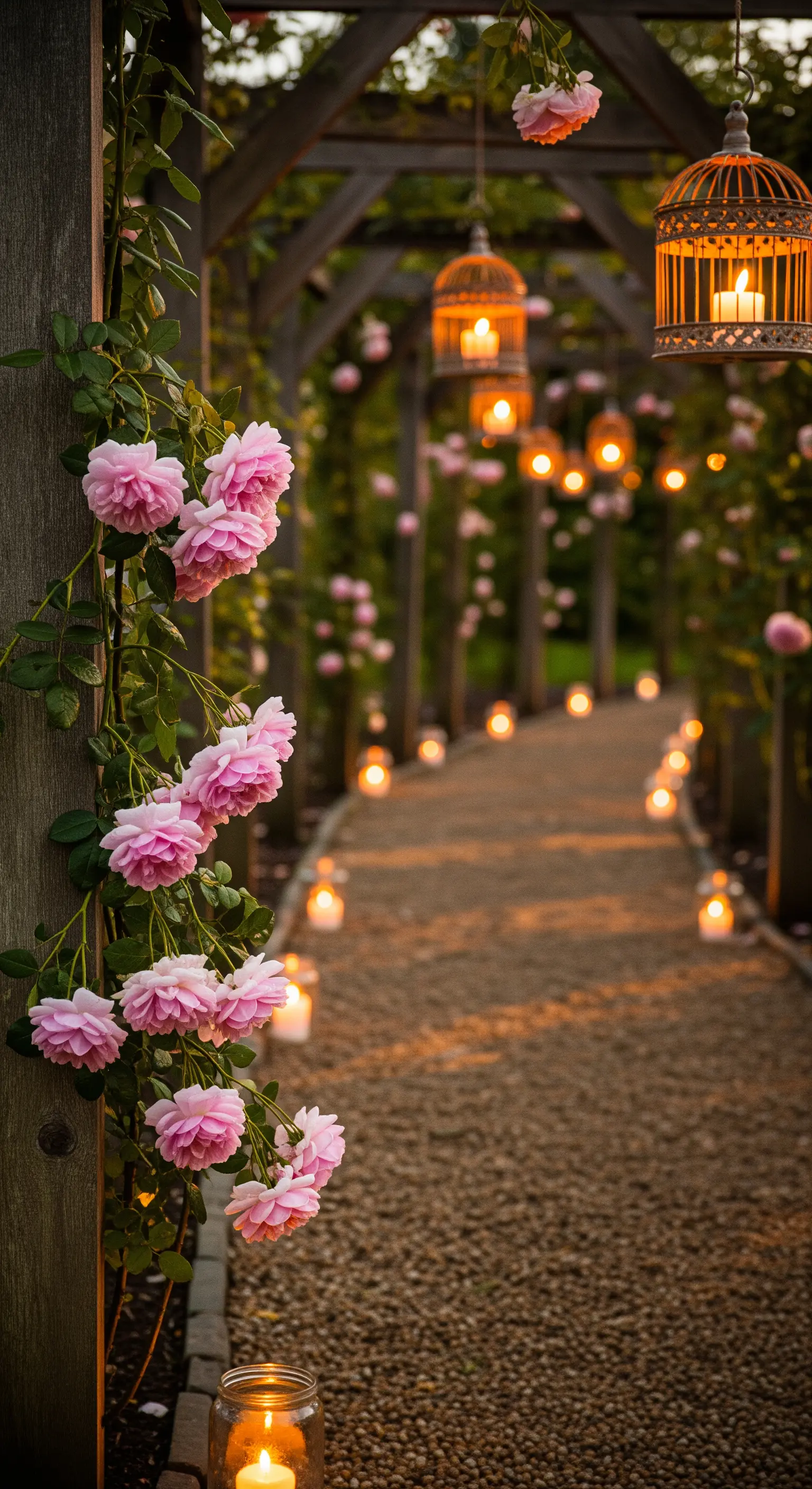 Kieselweg unter Pergola mit rosa Rosen, hängenden Laternen und Kerzenlichtern