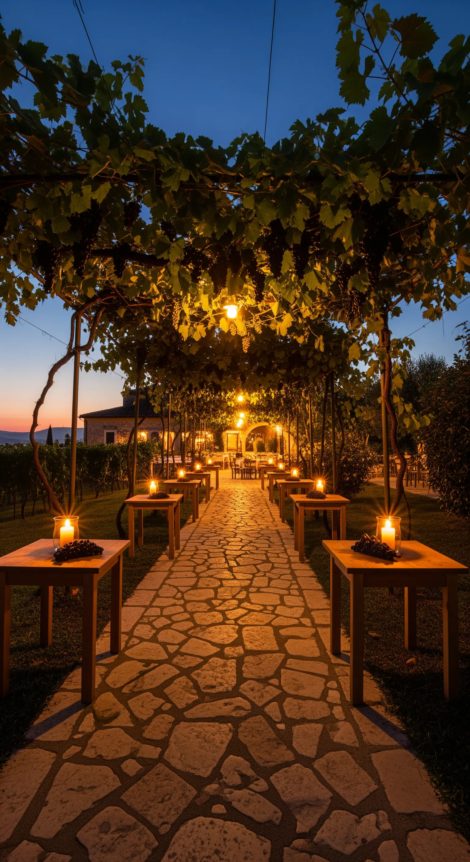 Laternenpfad unter Weinreben-Pergola mit kleinen Tischen, Kerzen und Trauben