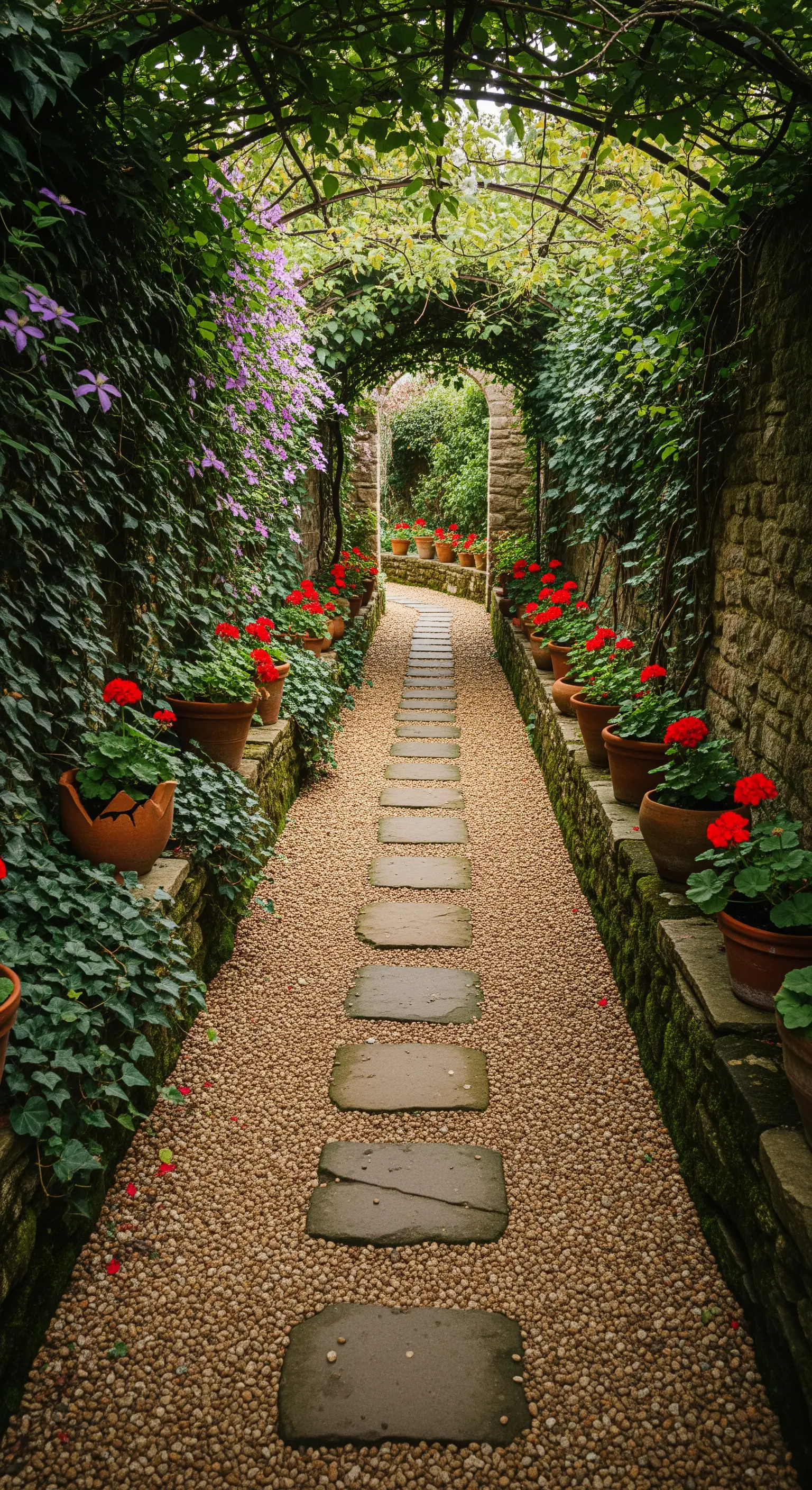 Kiespfad mit Trittsteinen, Efeu-Wänden und roten Geranien in Töpfen