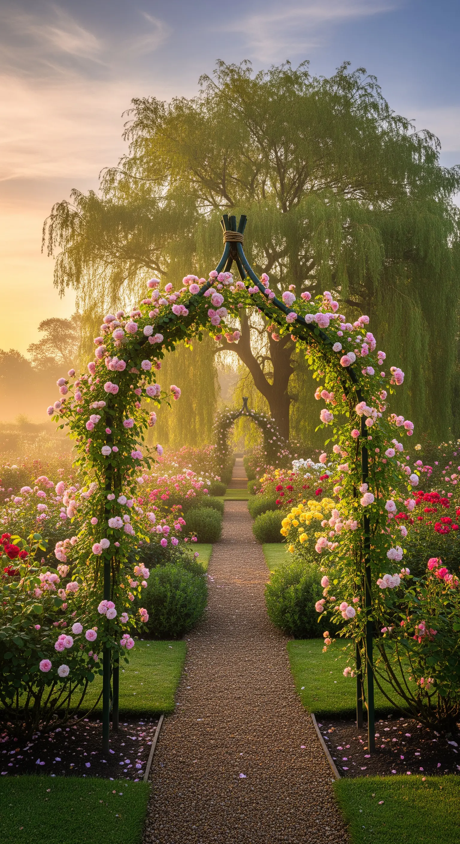 Zwei Rosenbögen mit rosa Kletterrosen säumen einen Kiesweg in einem Morgennebel gehüllten Rosengarten.