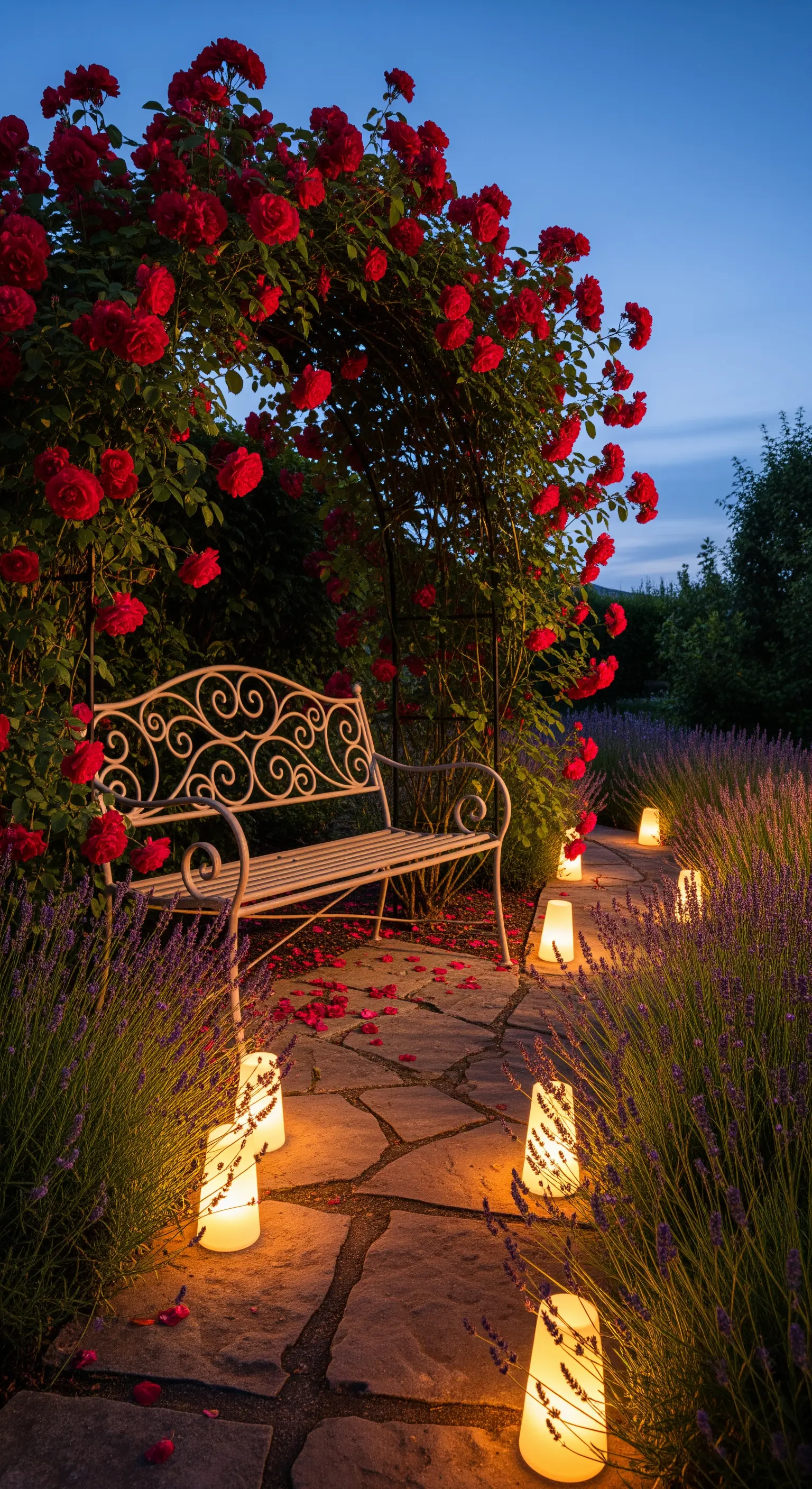 Gartenbank unter rotem Rosenbogen mit beleuchtetem Steinpfad und Lavendel