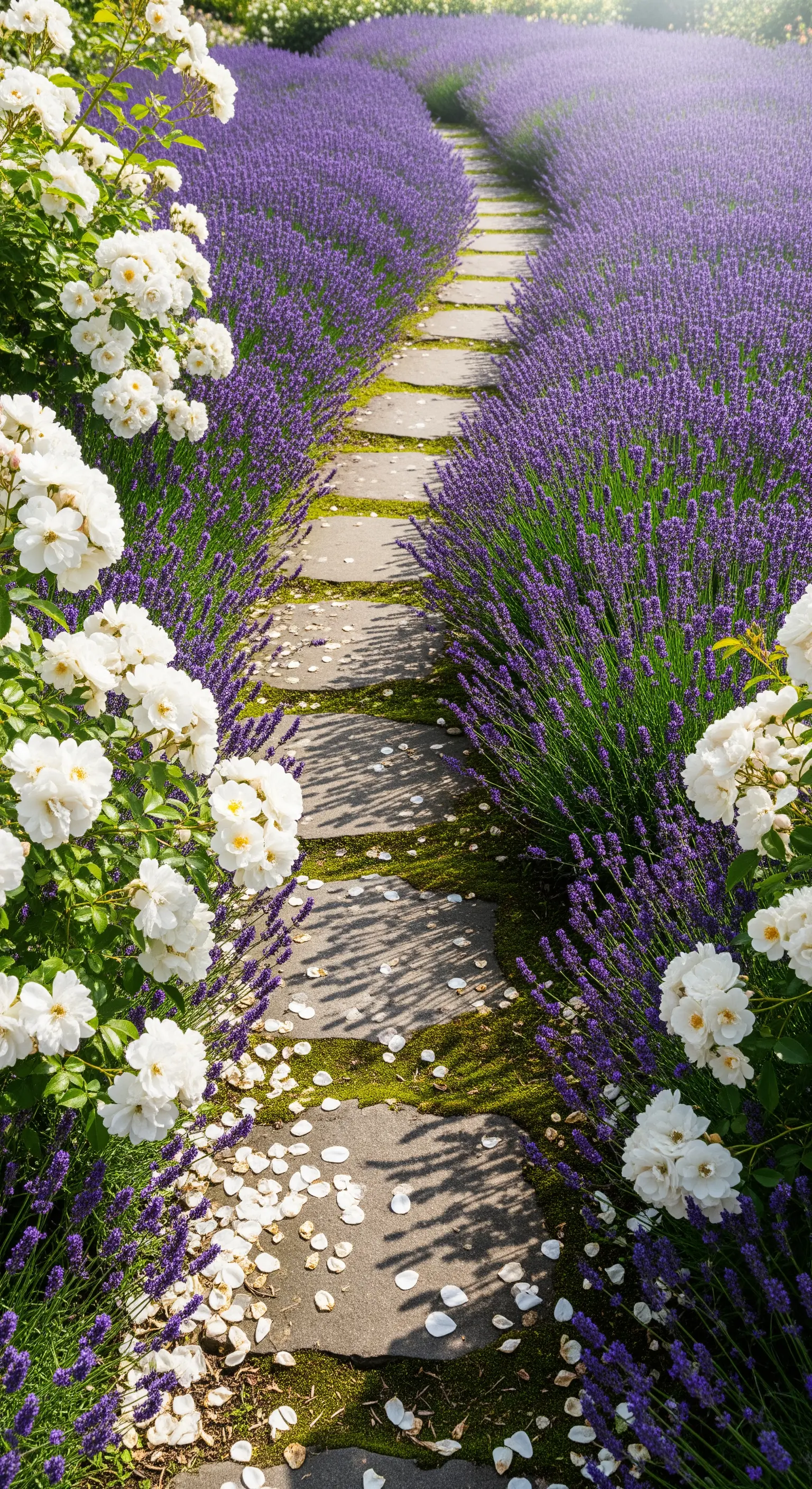 Unregelmäßige Trittsteine umgeben von Lavendel und weißen Rosenblättern