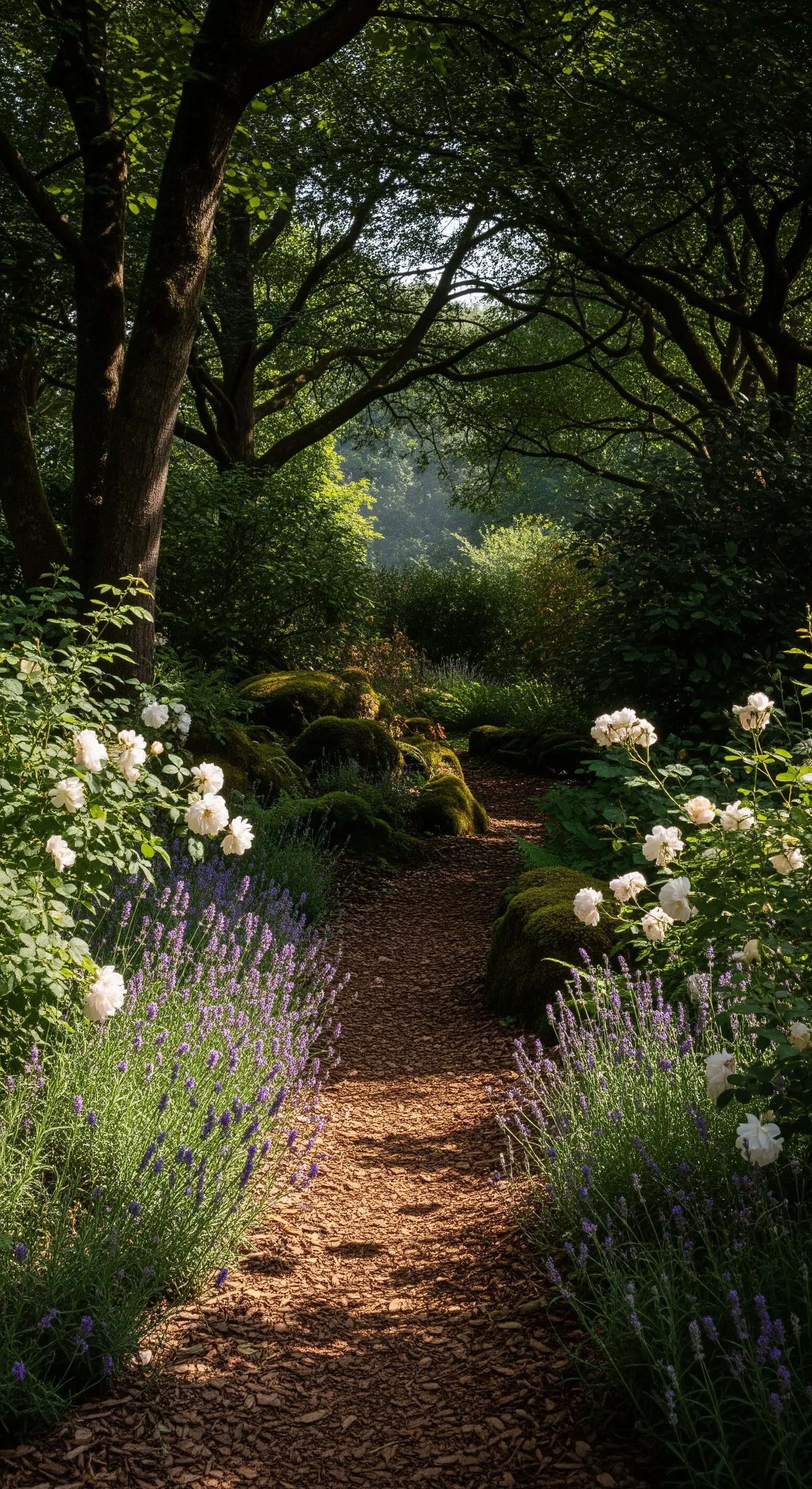 Rindenmulchpfad mit weißen Rosen und Lavendel im schattigen Wald