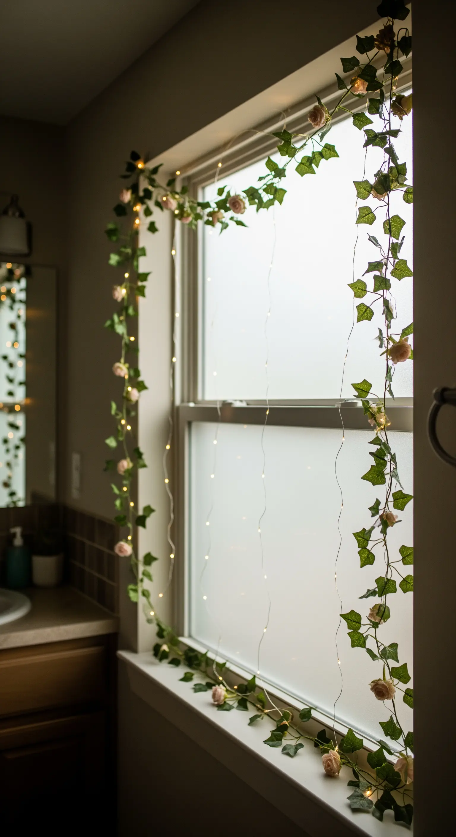 Efeugirlande mit integrierter Lichterkette umrahmt ein Badezimmerfenster mit Milchglas.