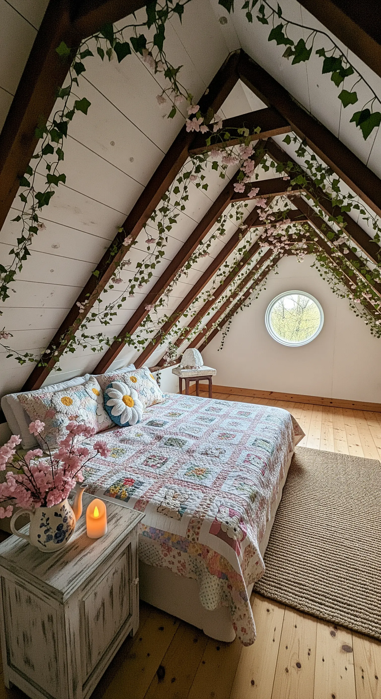Attic bedroom with vines, spring flowers, and quilted bedspread.