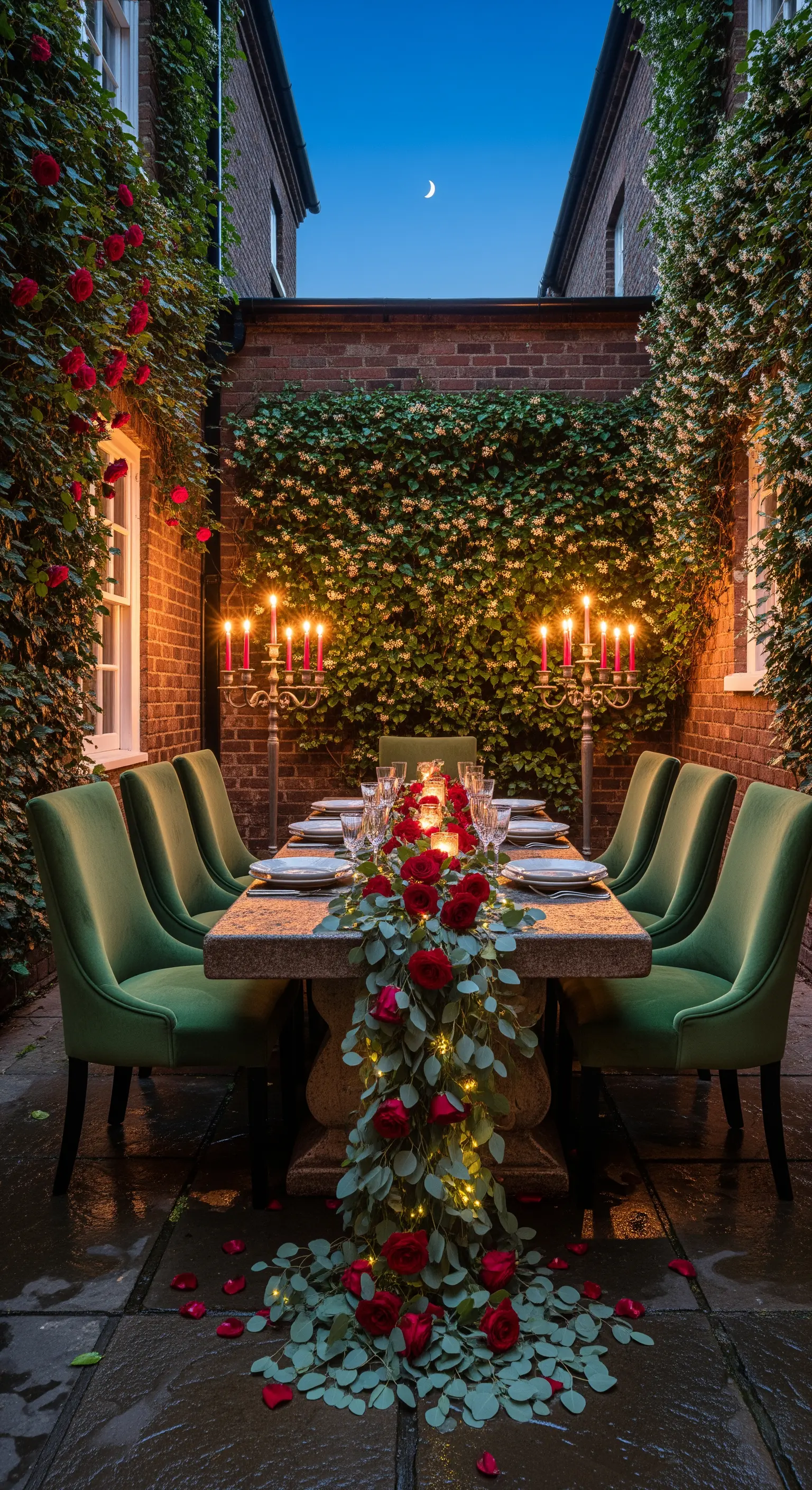 Innenhof mit Efeu, Rosenranken, langer Tafel mit grünen Stühlen und Kerzenleuchtern.