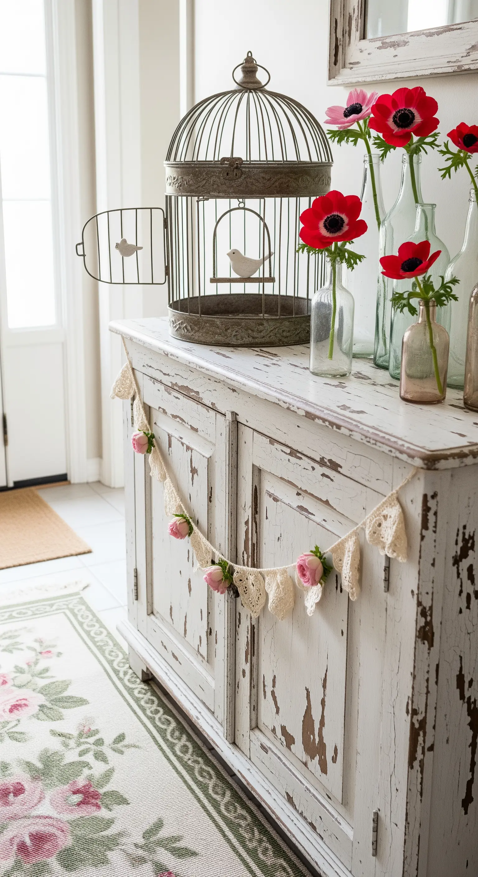 Shabby Chic Sideboard mit Vogelkäfig, Flaschen, roten Mohnblumen und Spitzengirlande.
