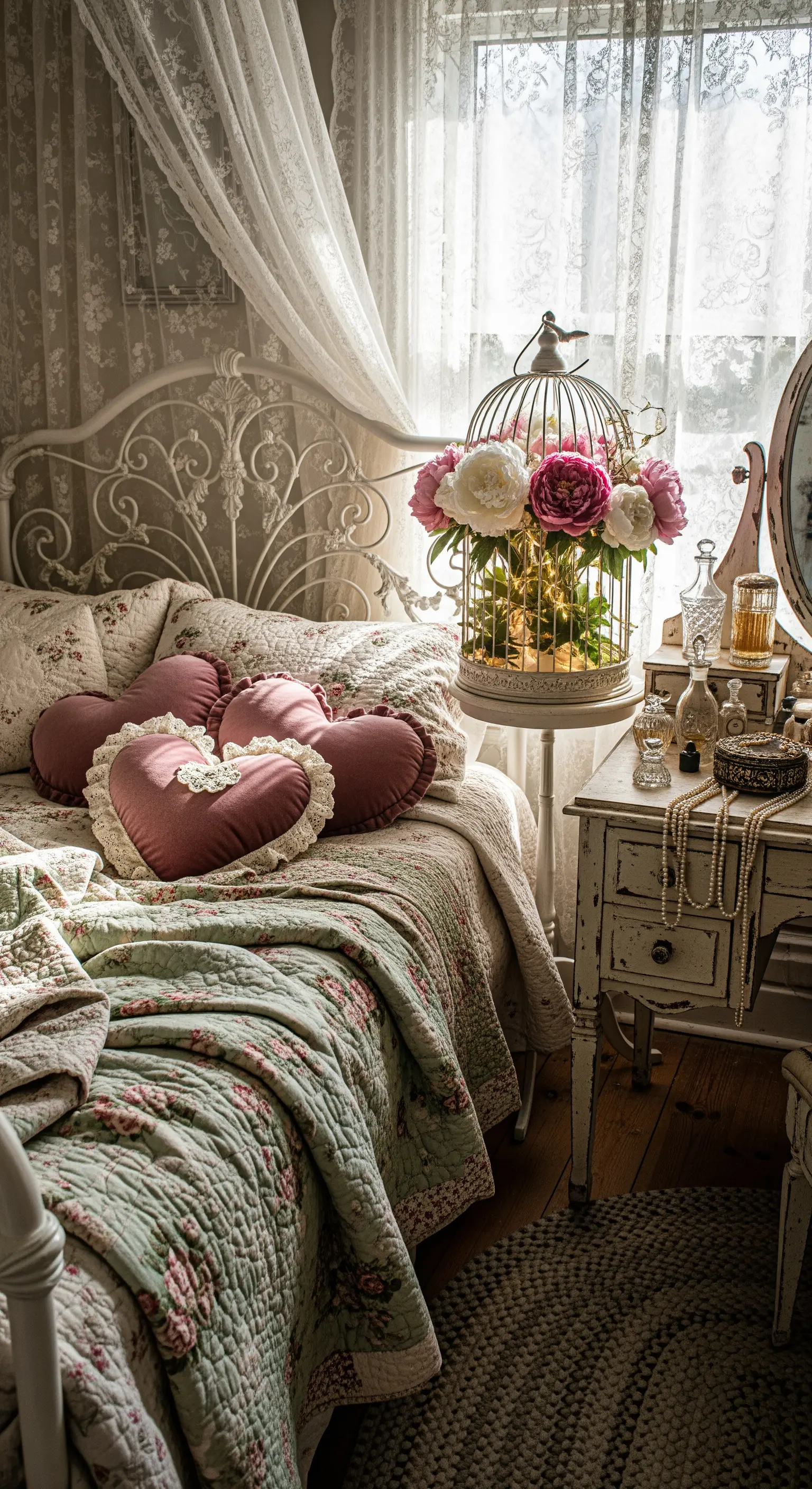 Shabby Chic Schlafzimmer, Herz-Kissen, Vogelkäfig, Pfingstrosen, Vintage Möbel, Spitze
