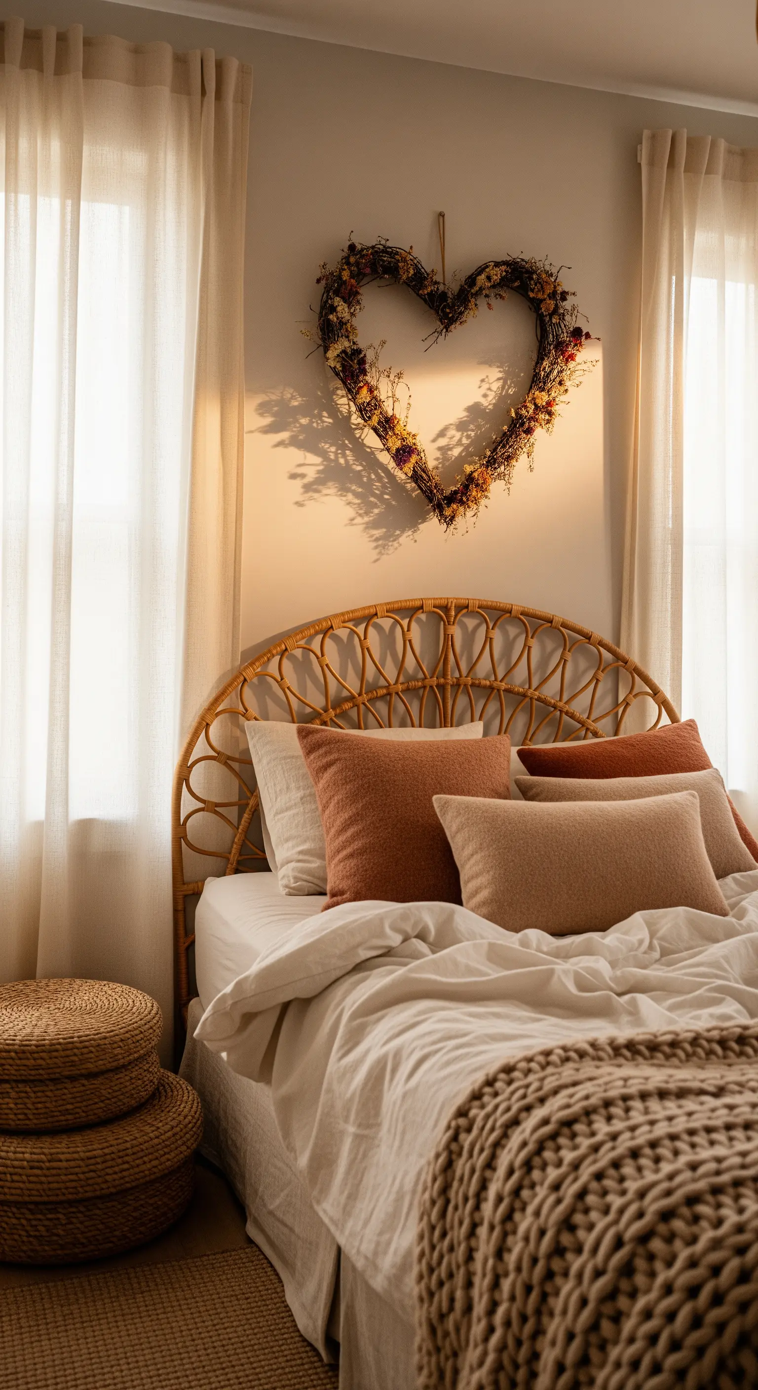 Boho-Schlafzimmer mit Rattan-Kopfteil, neutraler Bettwäsche und floralem Herz-Kranz