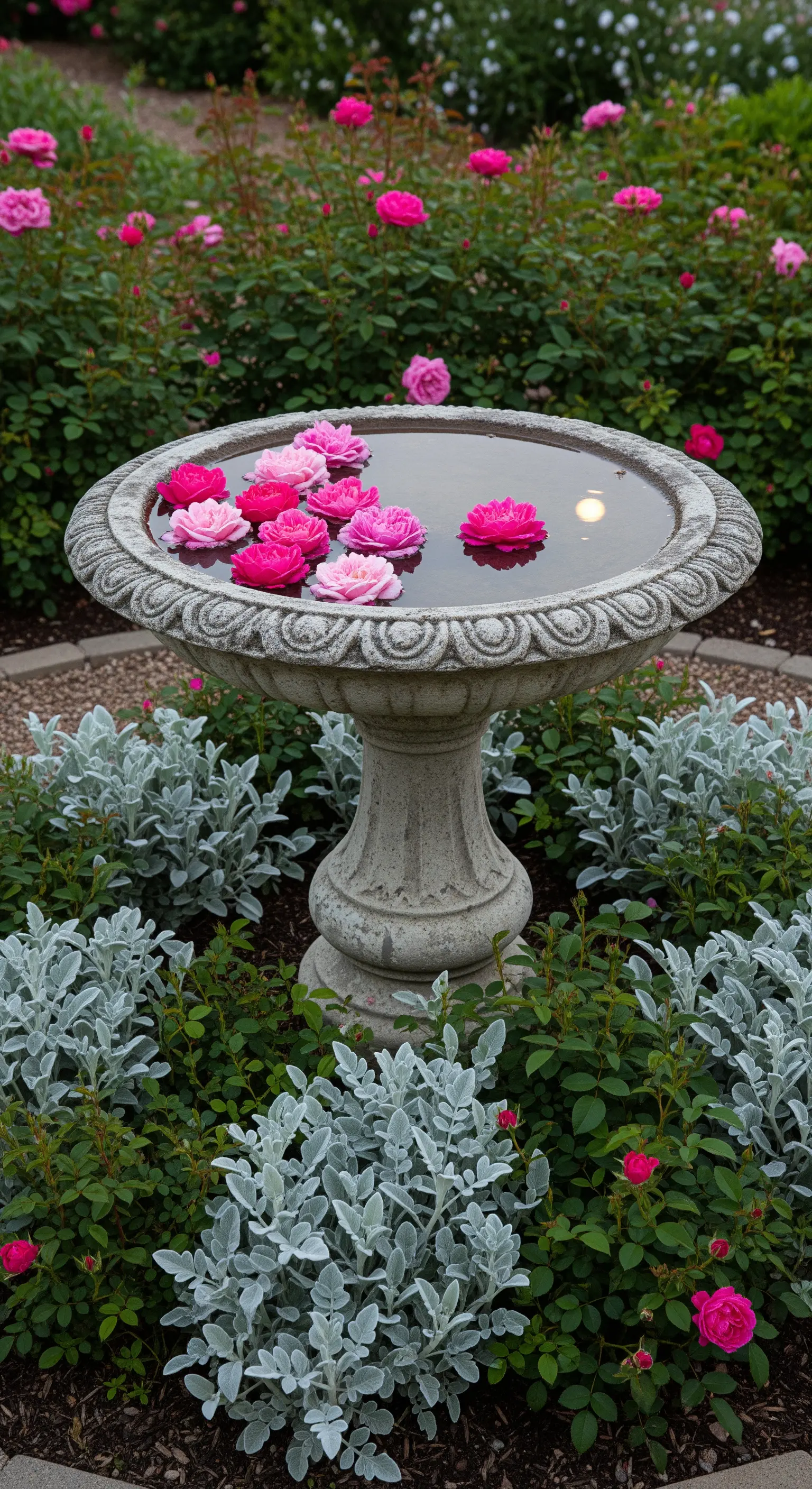 Stein-Vogelbad mit schwimmenden pinken Rosenblüten, umgeben von Gartenpflanzen.