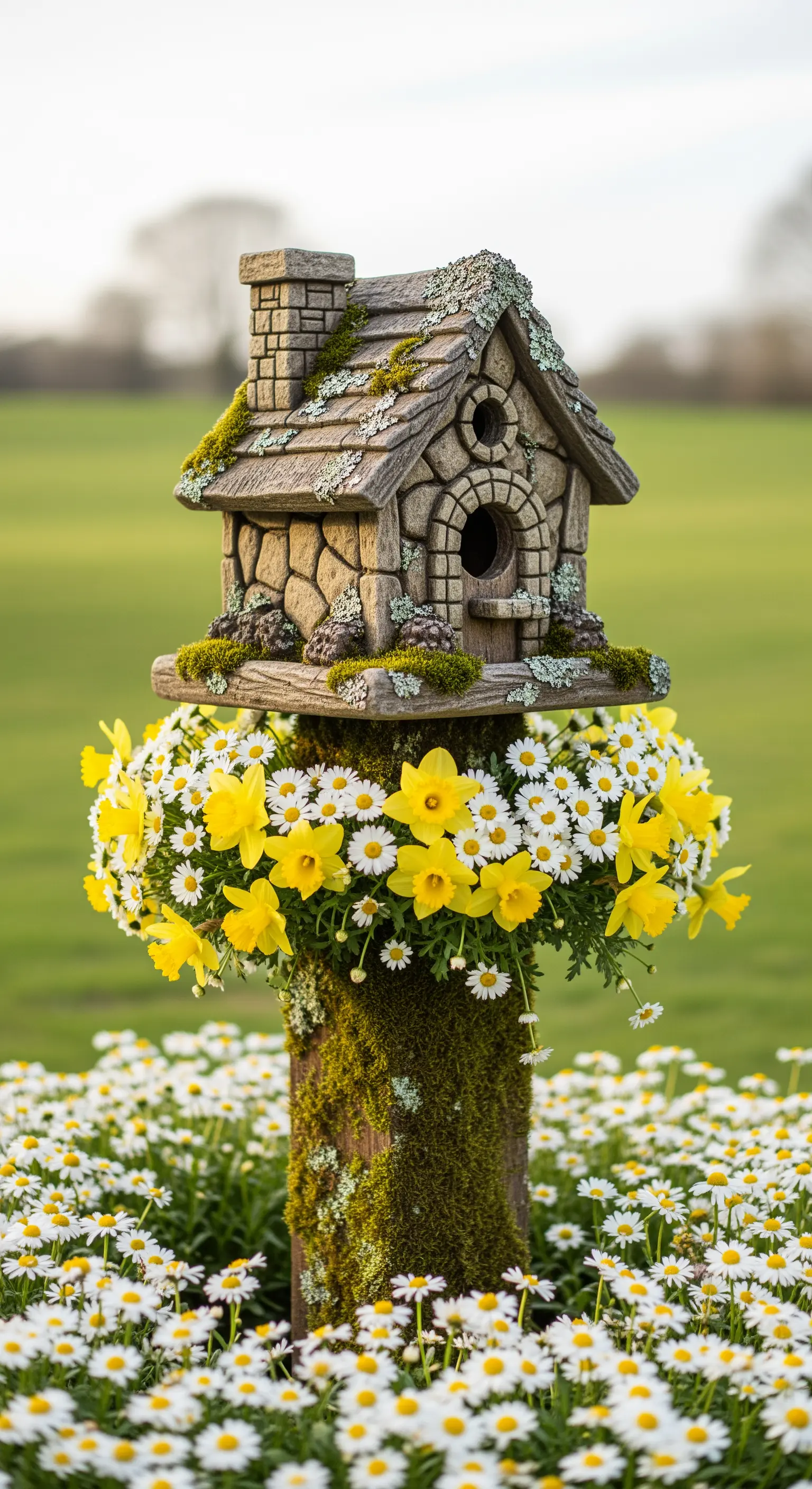 Moosbewachsenes Vogelhaus auf Pfahl mit Narzissen und Gänseblümchen
