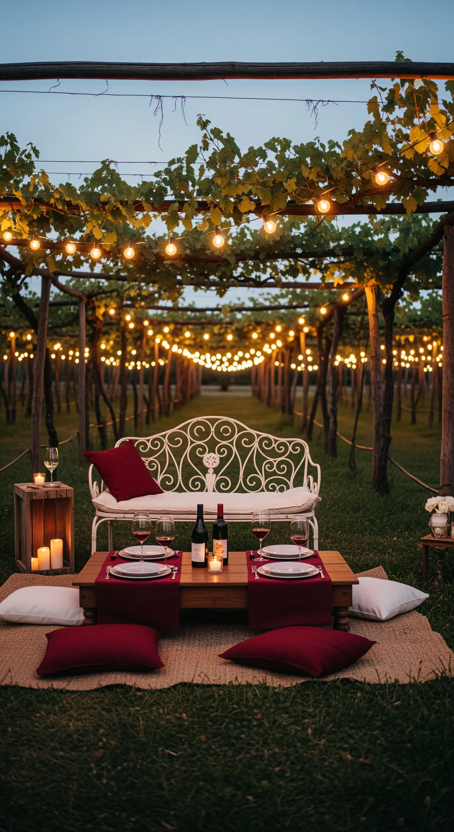 Romantisches Dinner unter Weinlauben mit Lichterketten und antiker Gartenbank
