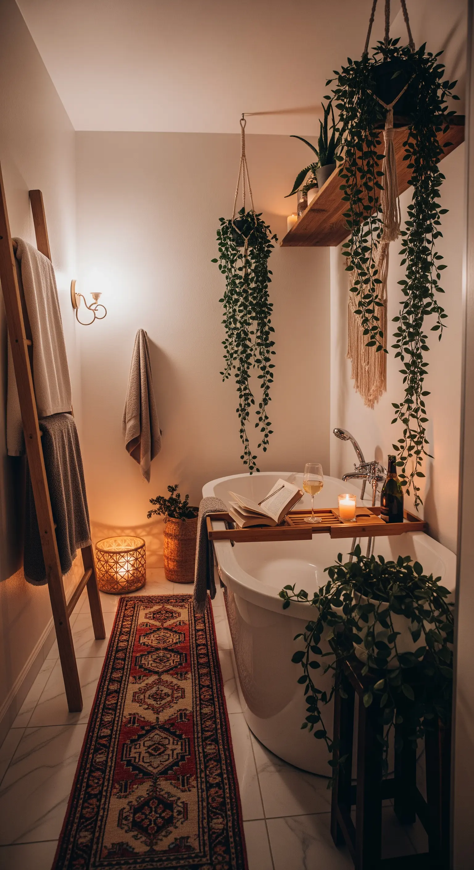 Ein stimmungsvoll beleuchtetes Badezimmer mit vielen Pflanzen, Kerzen und einer Holzleiter